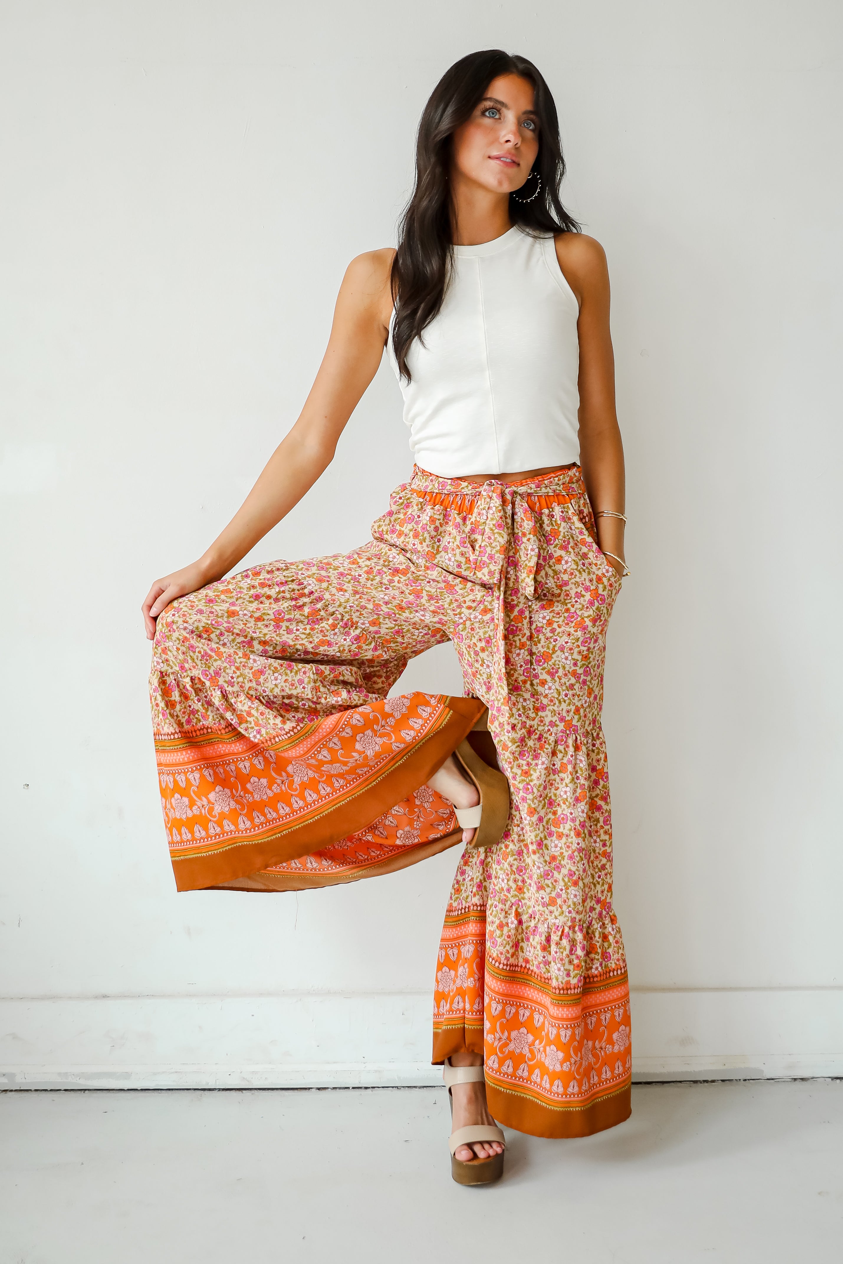 Trendsetting Choice Rust Floral Tiered Wide Leg Pants