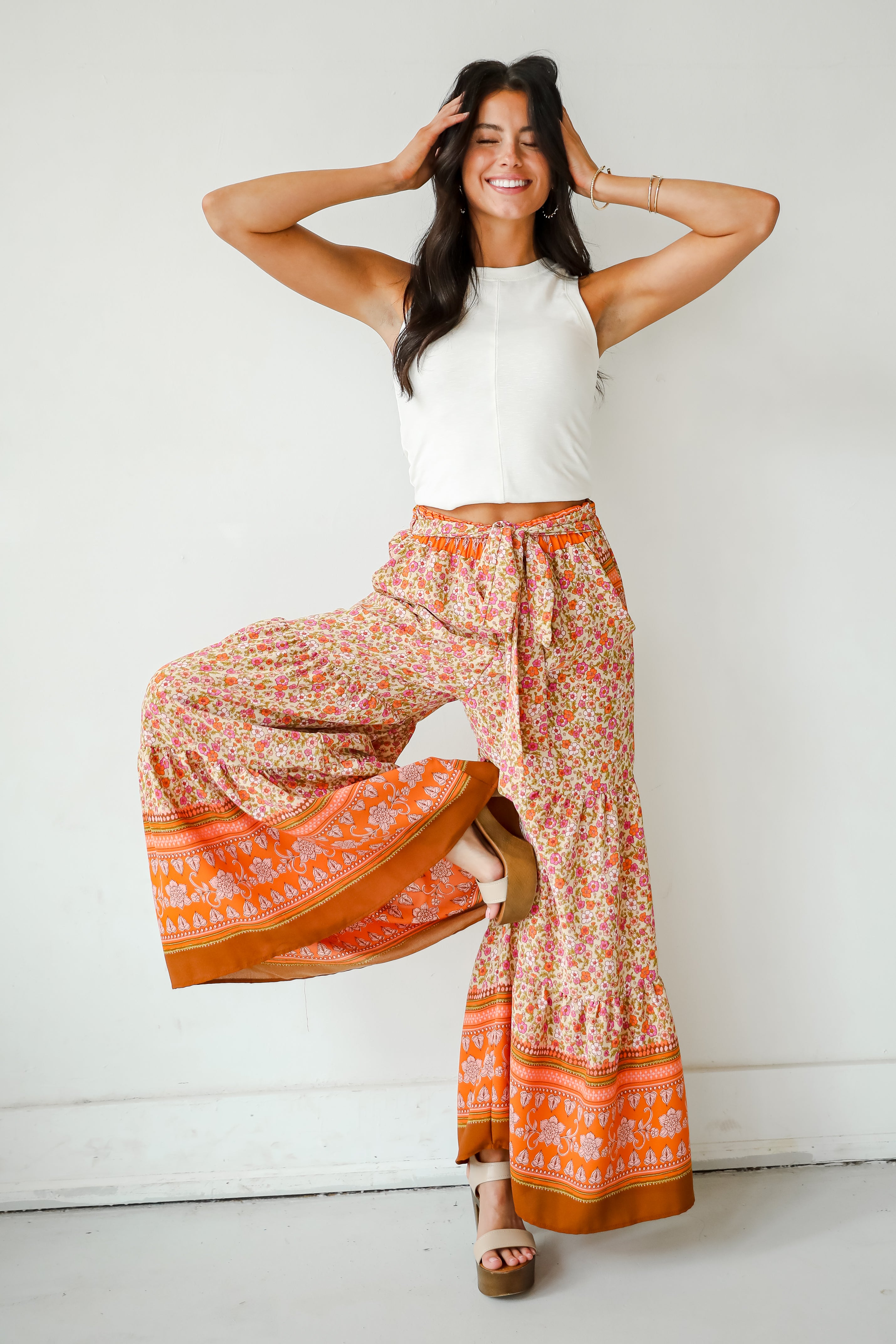 Trendsetting Choice Rust Floral Tiered Wide Leg Pants