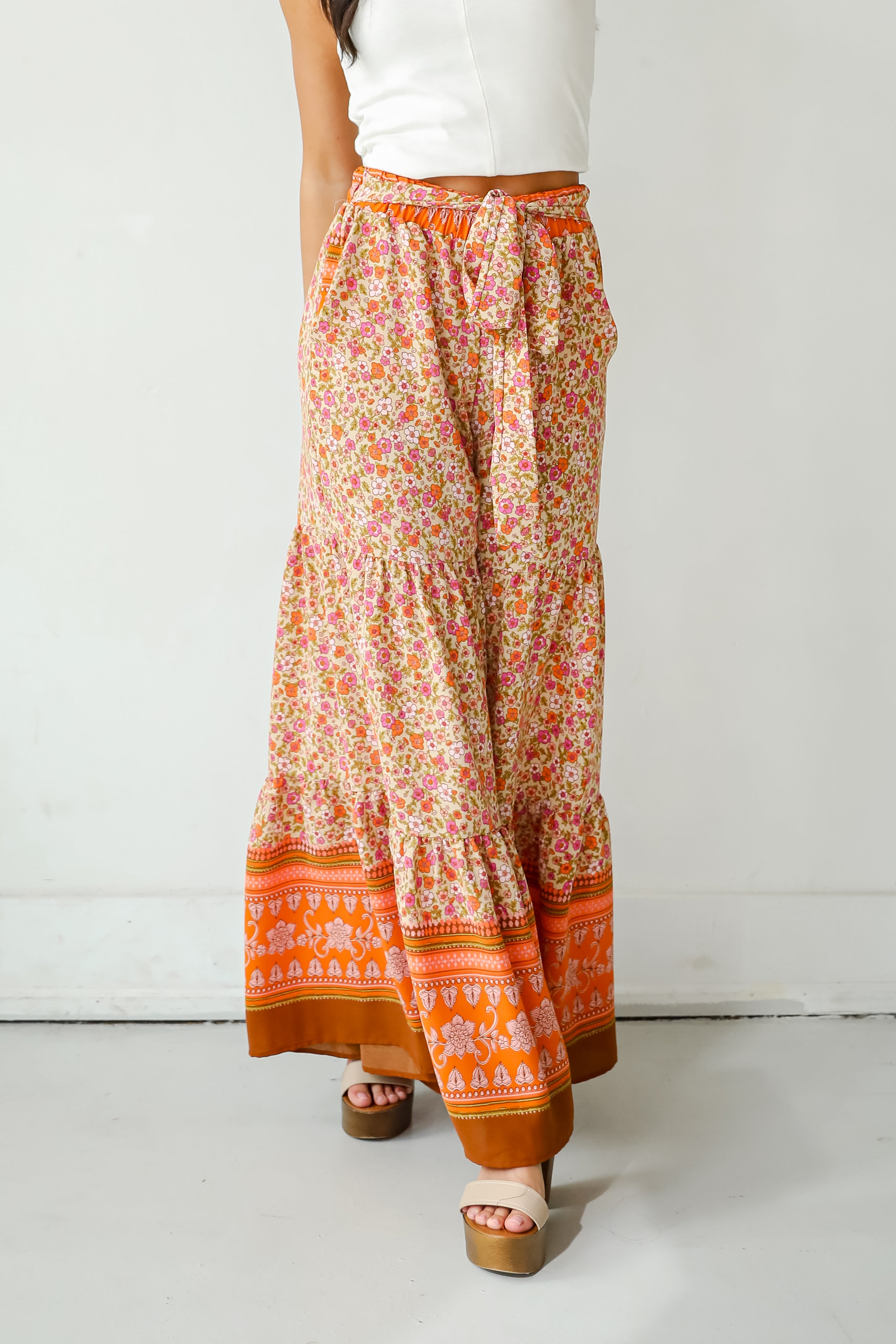 Trendsetting Choice Rust Floral Tiered Wide Leg Pants