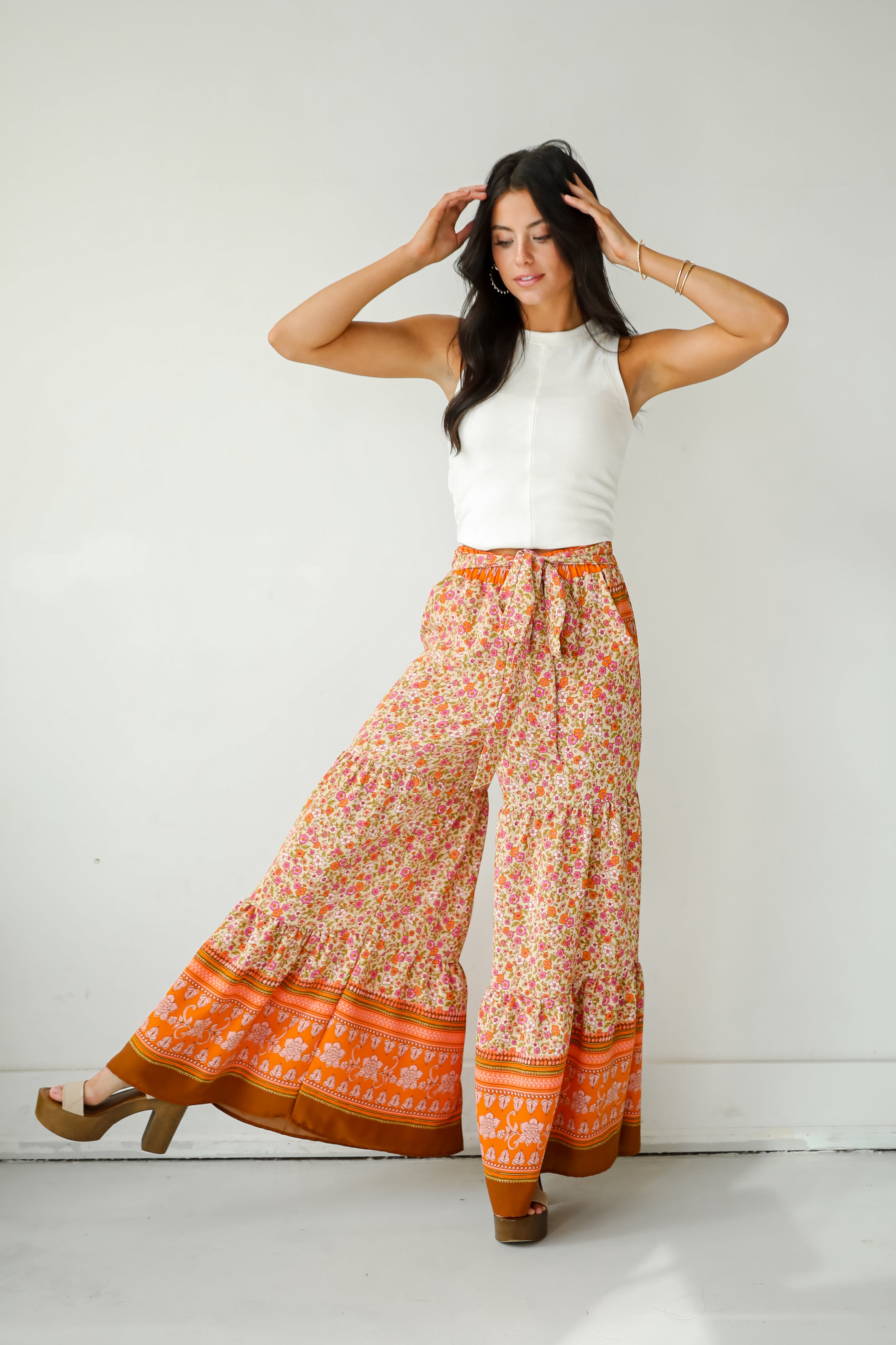 Trendsetting Choice Rust Floral Tiered Wide Leg Pants