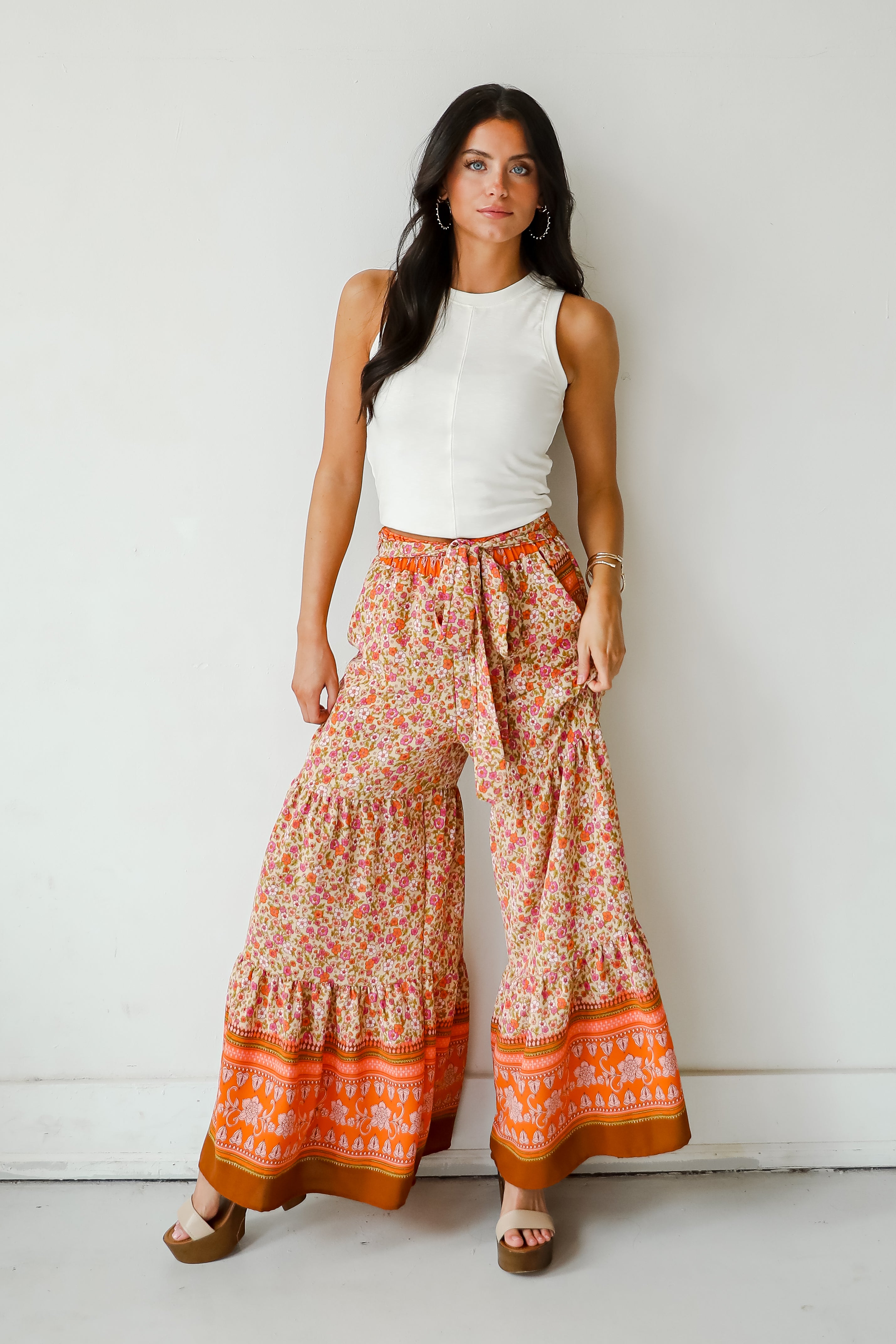 Trendsetting Choice Rust Floral Tiered Wide Leg Pants