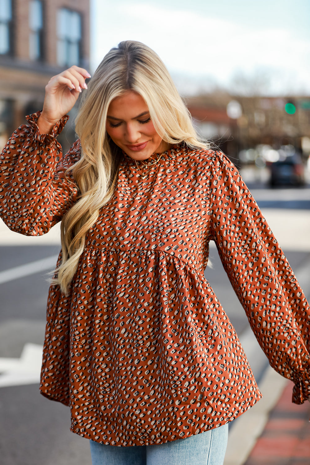 cute Brown Spotted Babydoll Blouse