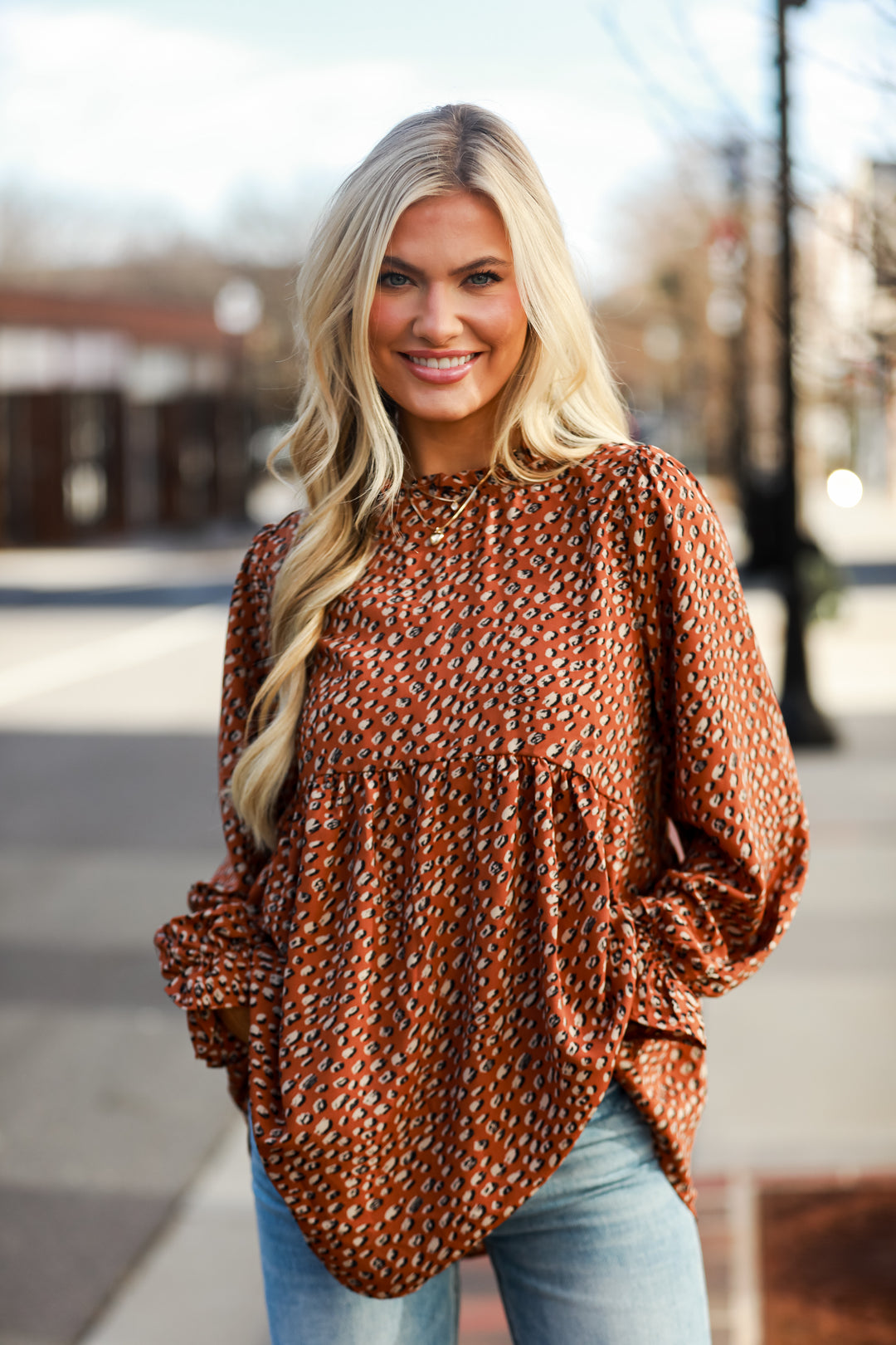 Brown Spotted Babydoll Blouse
