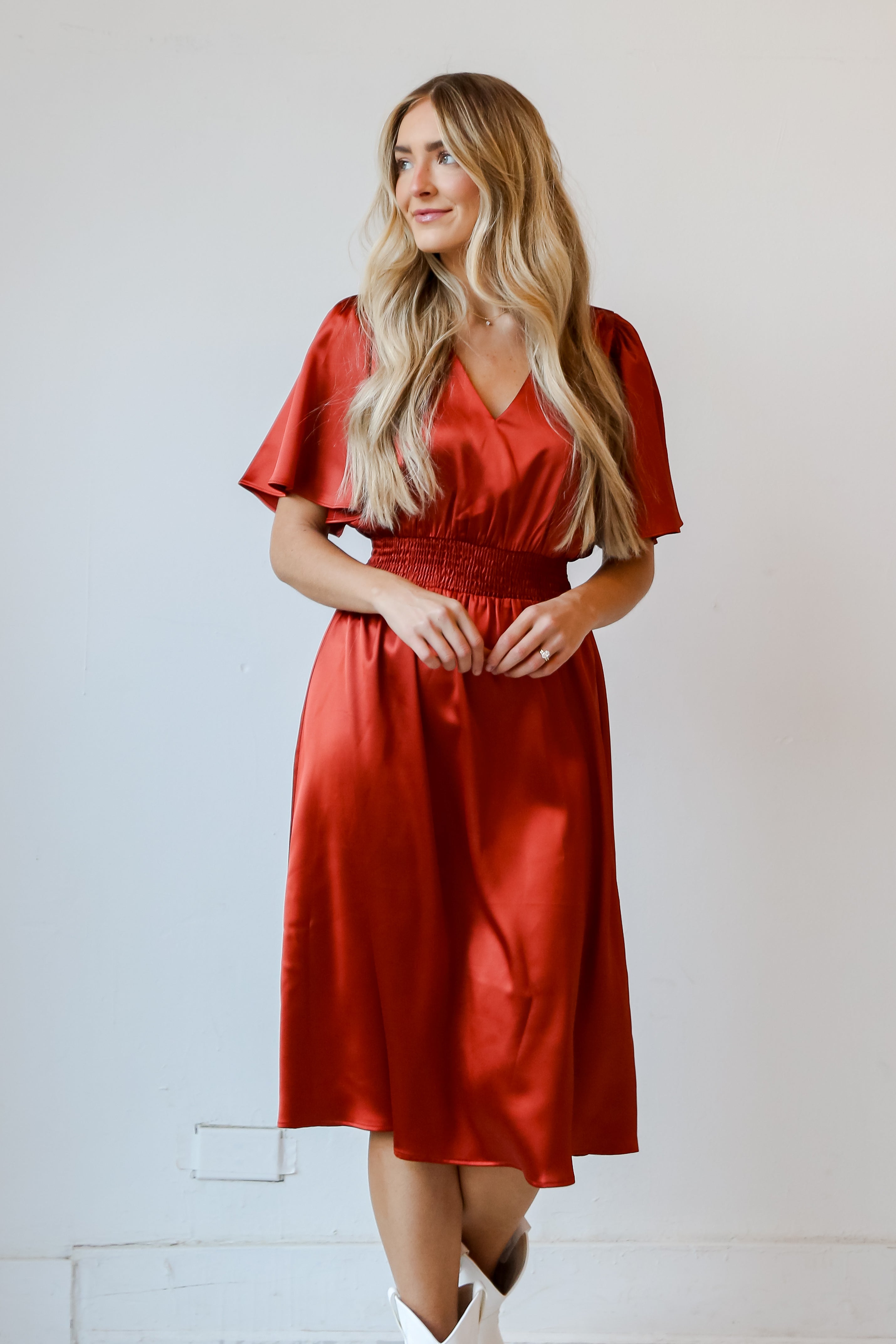 chic Rust Satin Midi Dress