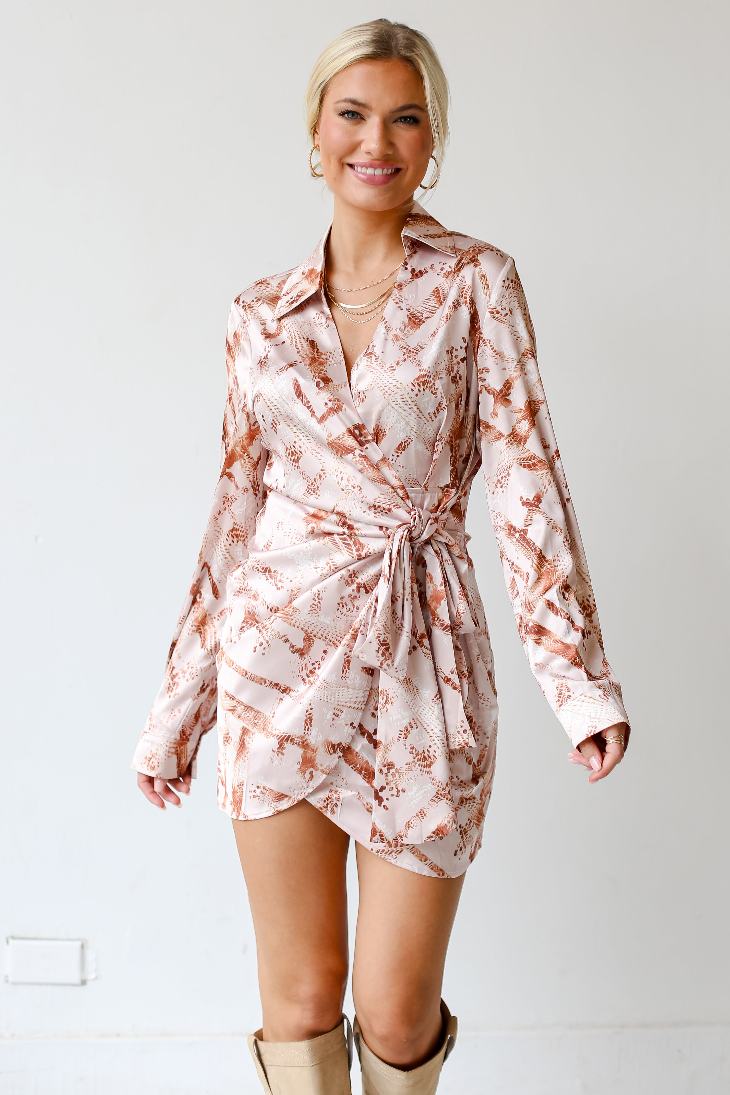 dress up model wearing a Satin Wrap Mini Dress