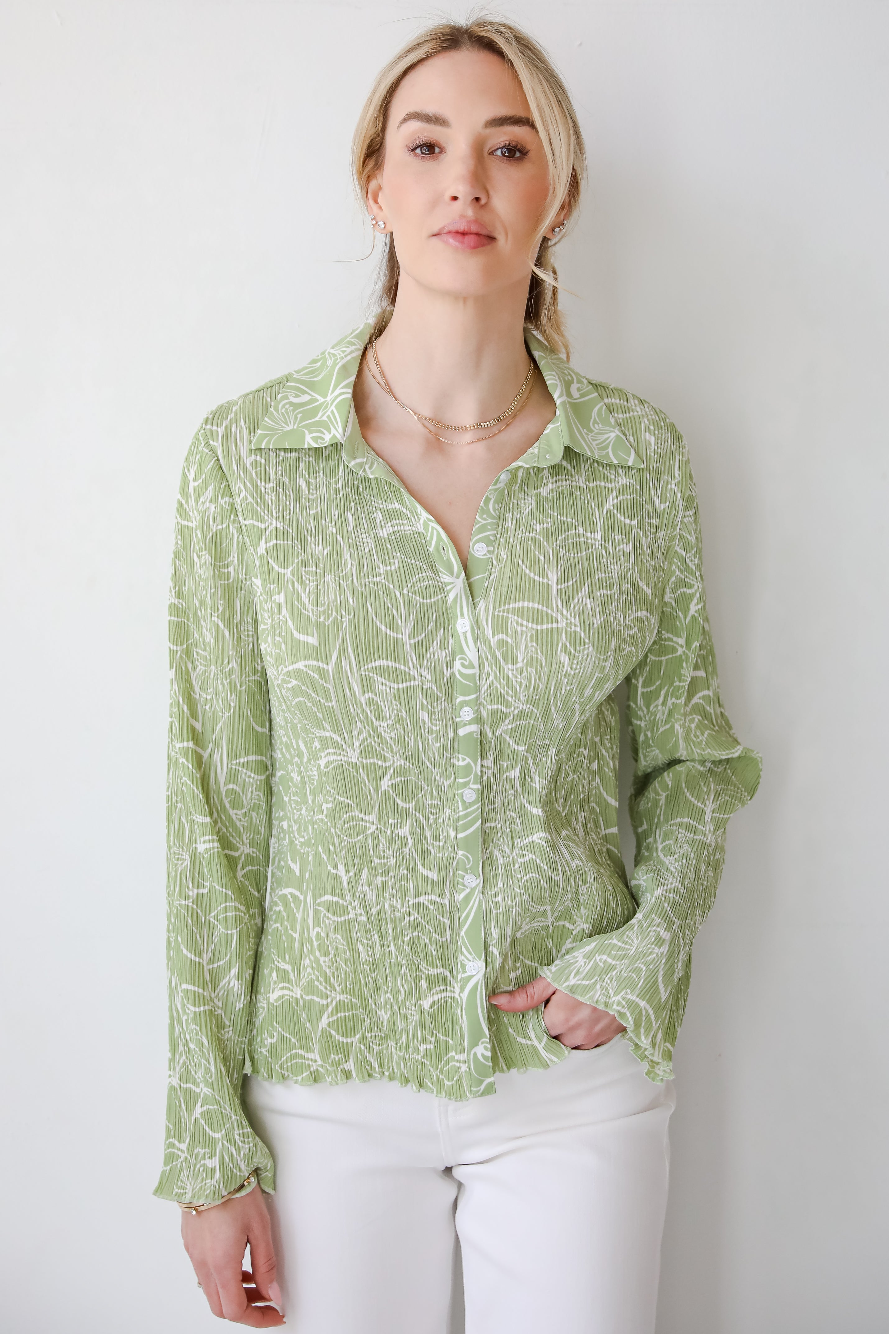 Chic Lavishness Sage Floral Plisse Button-Up Blouse