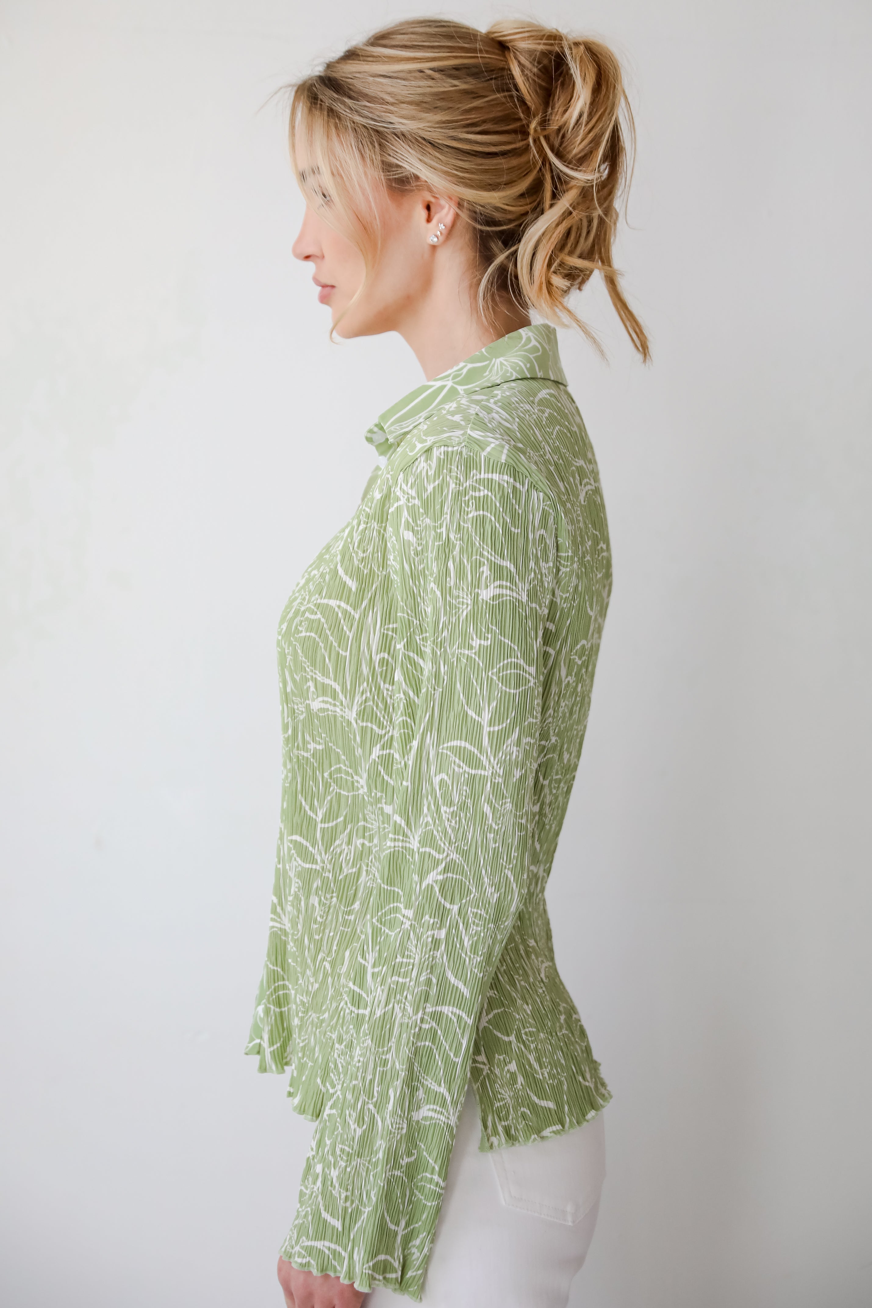 Chic Lavishness Sage Floral Plisse Button-Up Blouse