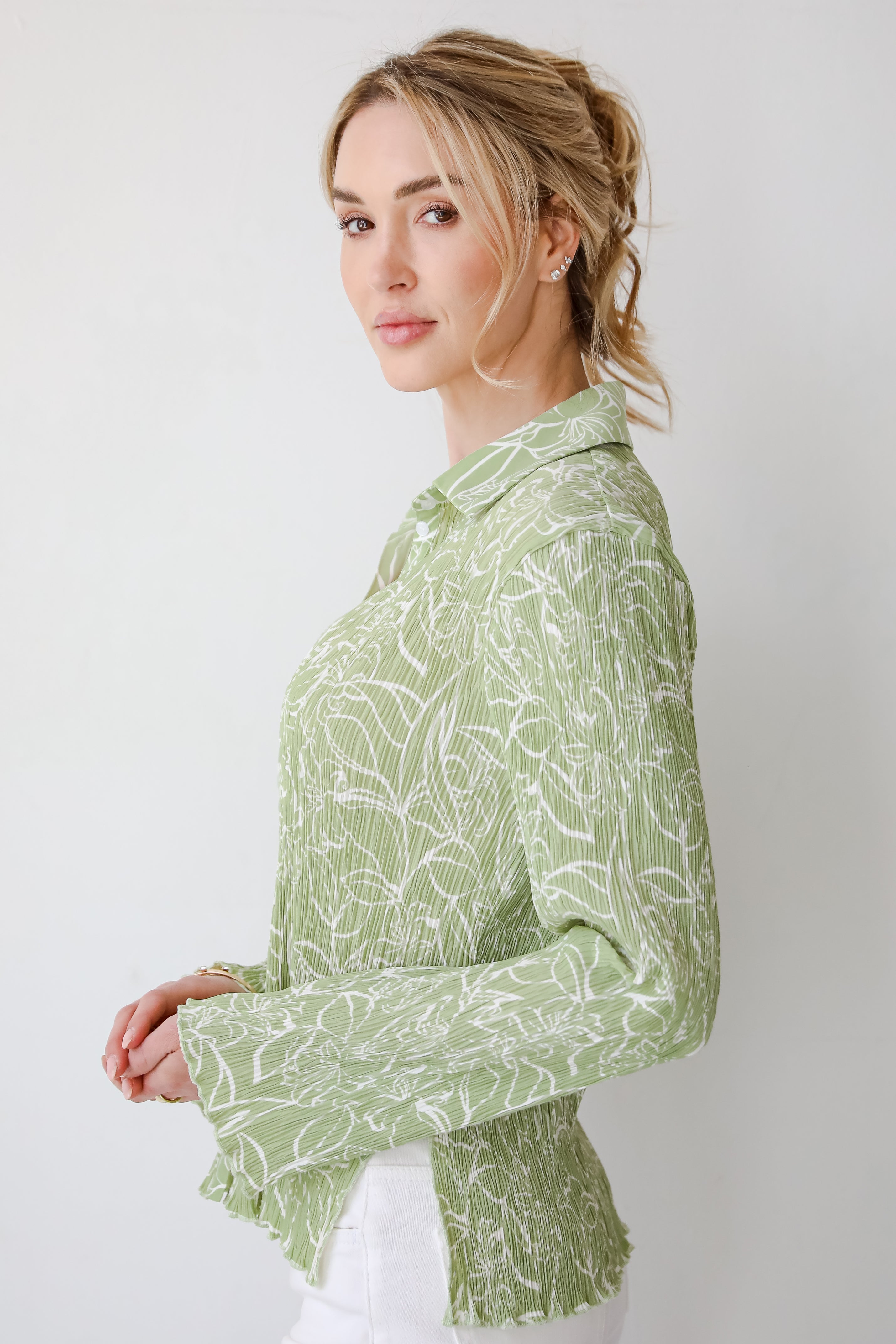 Chic Lavishness Sage Floral Plisse Button-Up Blouse