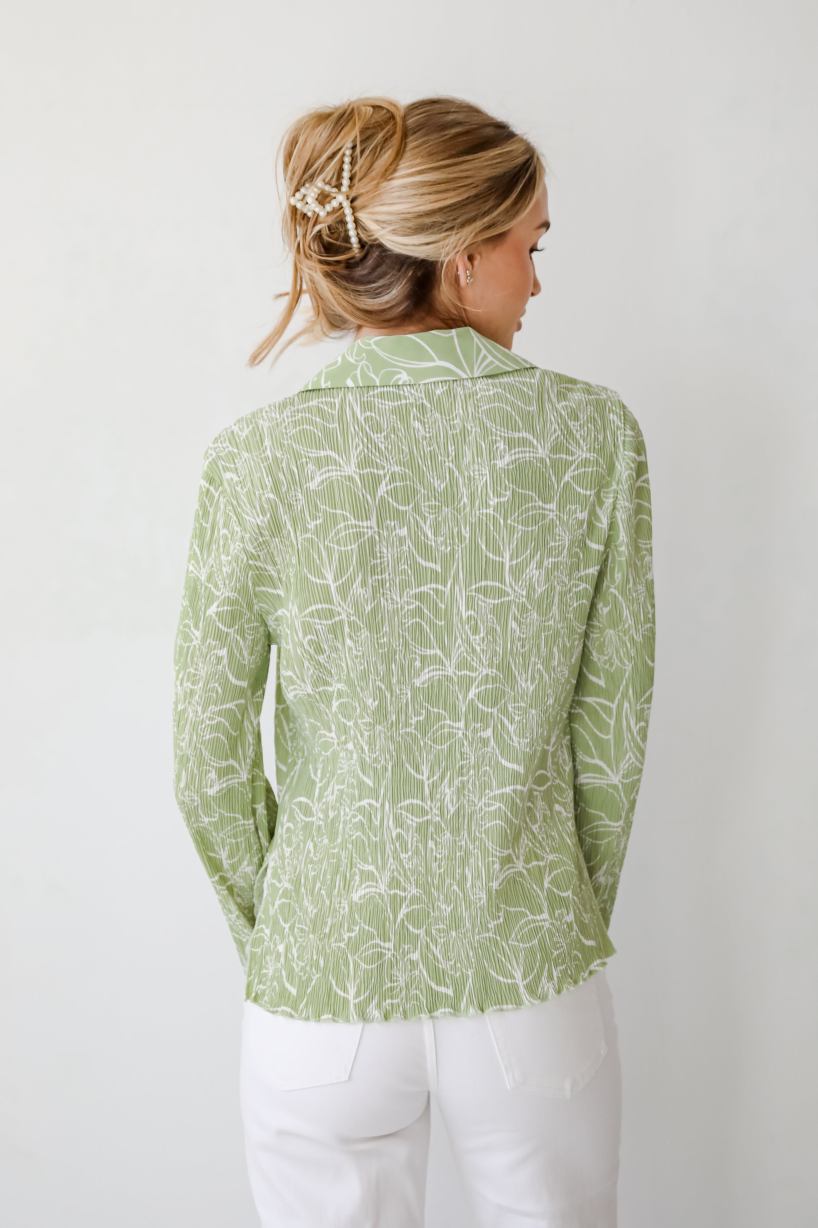 Chic Lavishness Sage Floral Plisse Button-Up Blouse