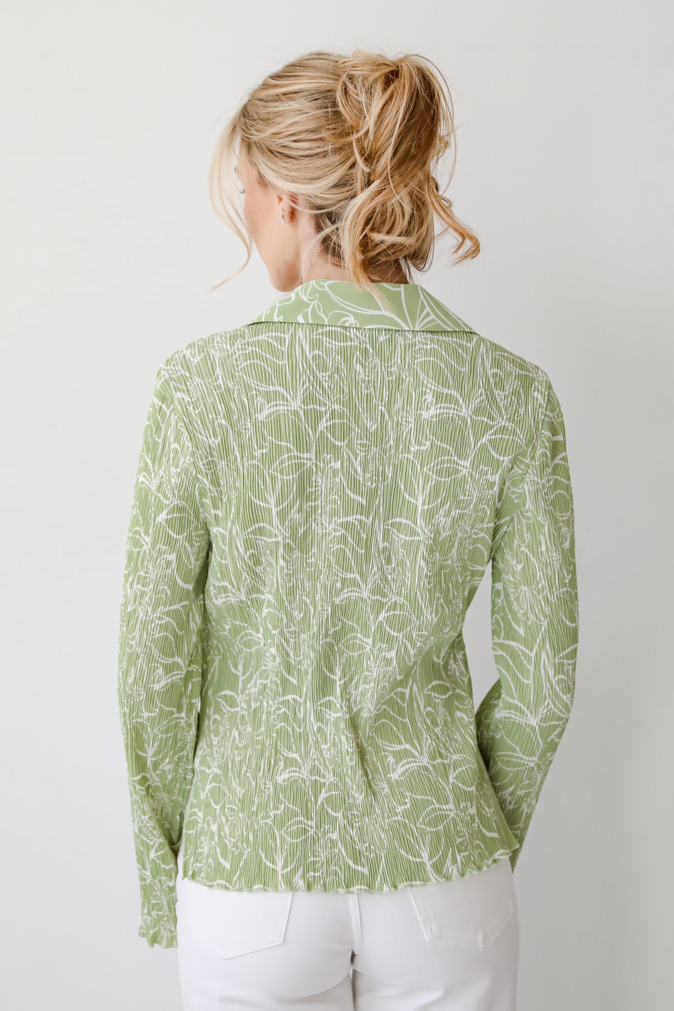 Chic Lavishness Sage Floral Plisse Button-Up Blouse