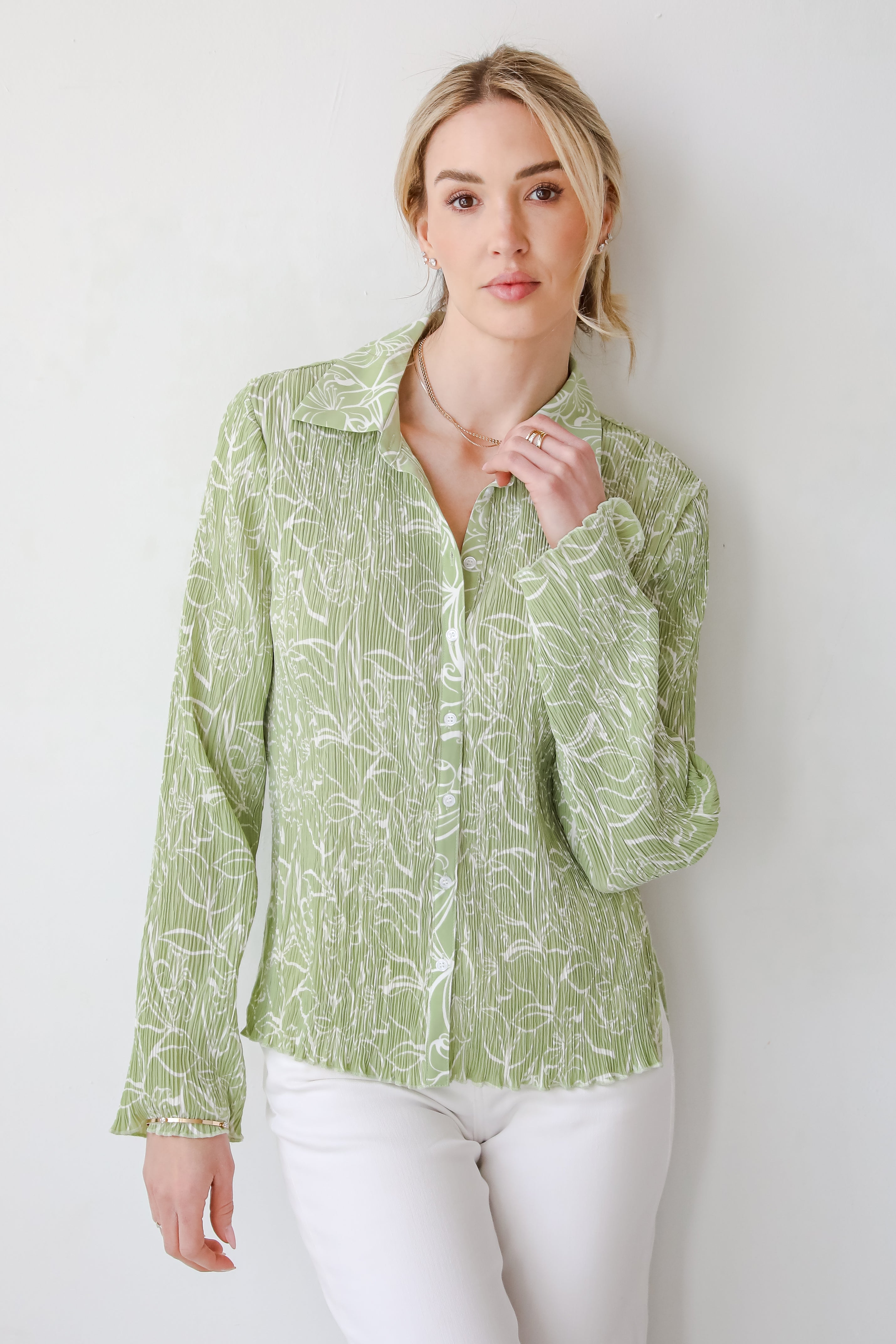 Chic Lavishness Sage Floral Plisse Button-Up Blouse
