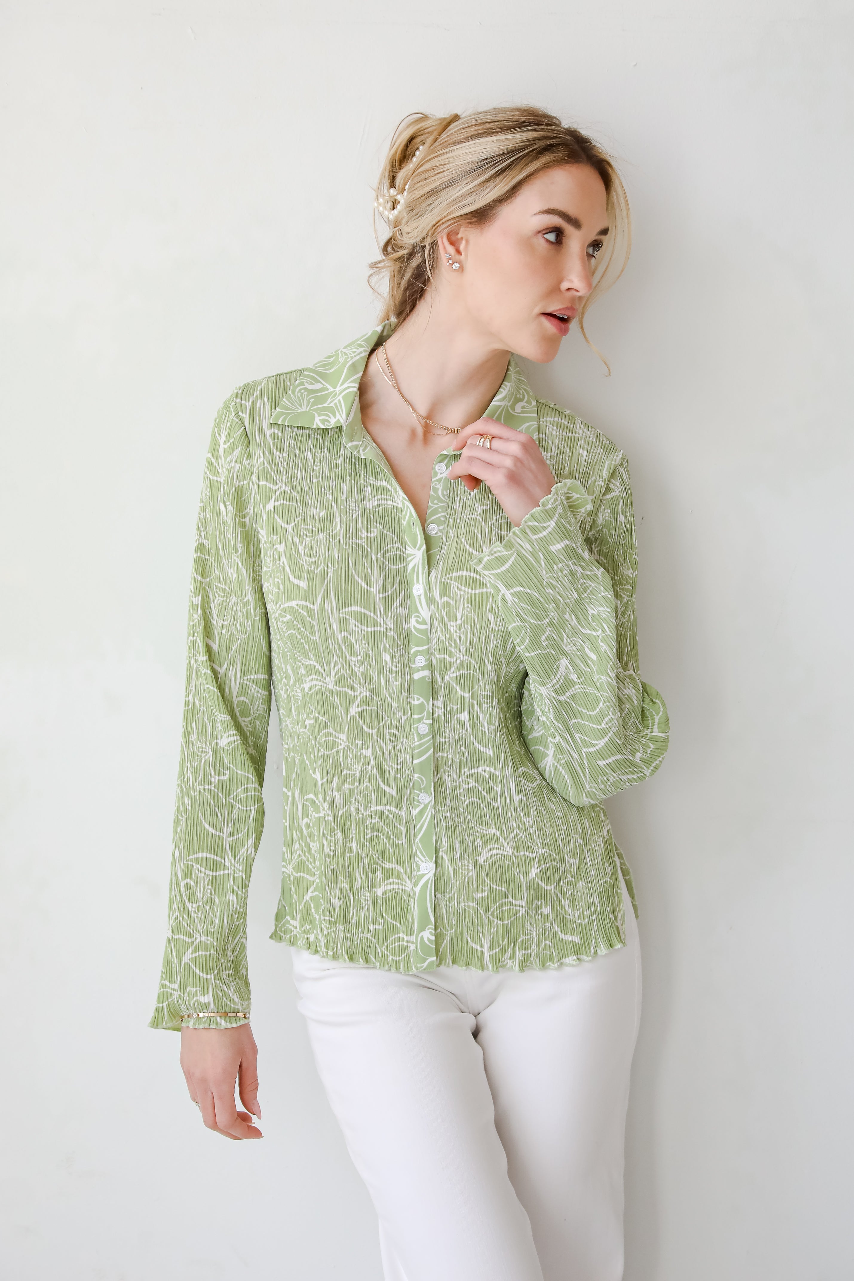 Chic Lavishness Sage Floral Plisse Button-Up Blouse