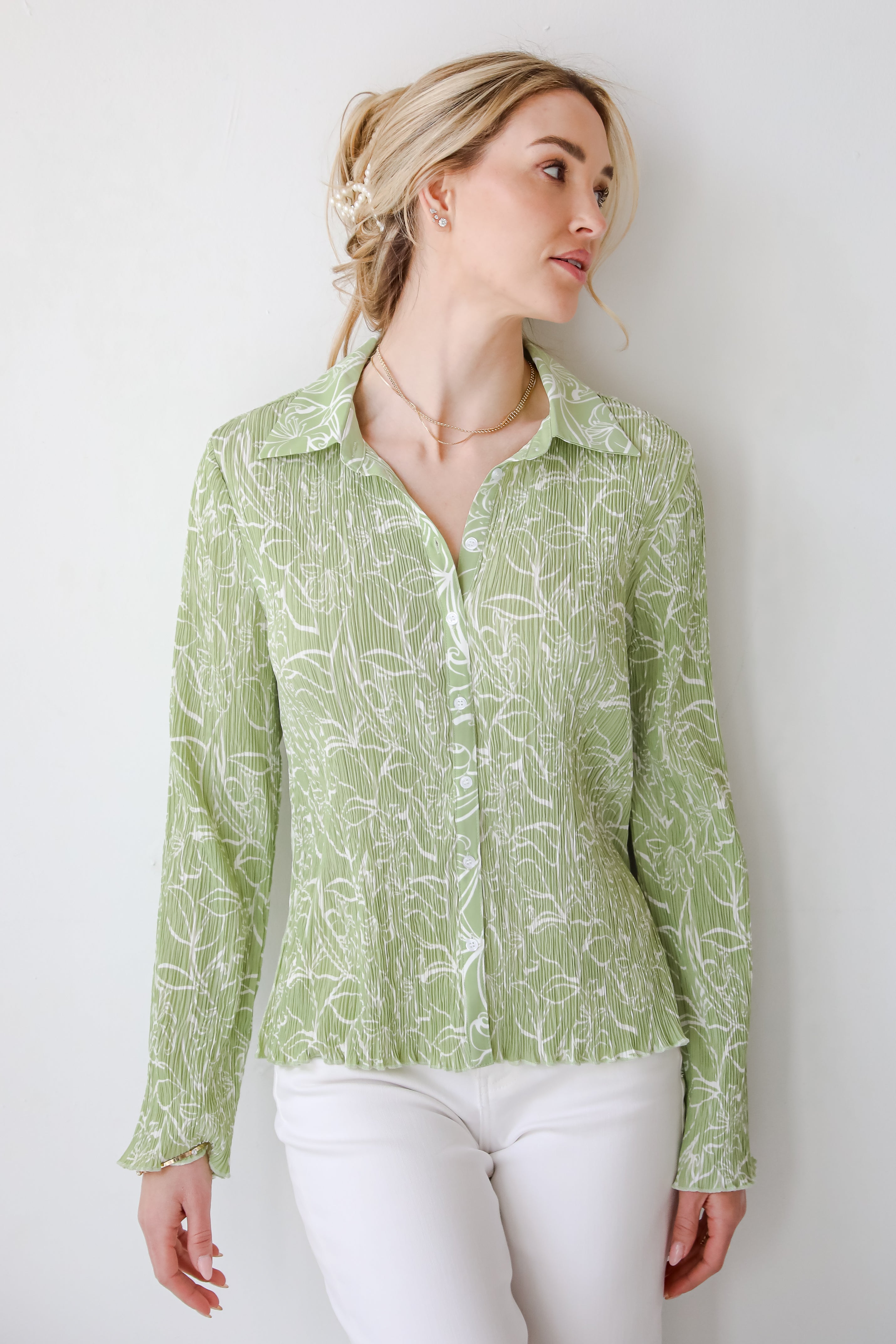 Chic Lavishness Sage Floral Plisse Button-Up Blouse