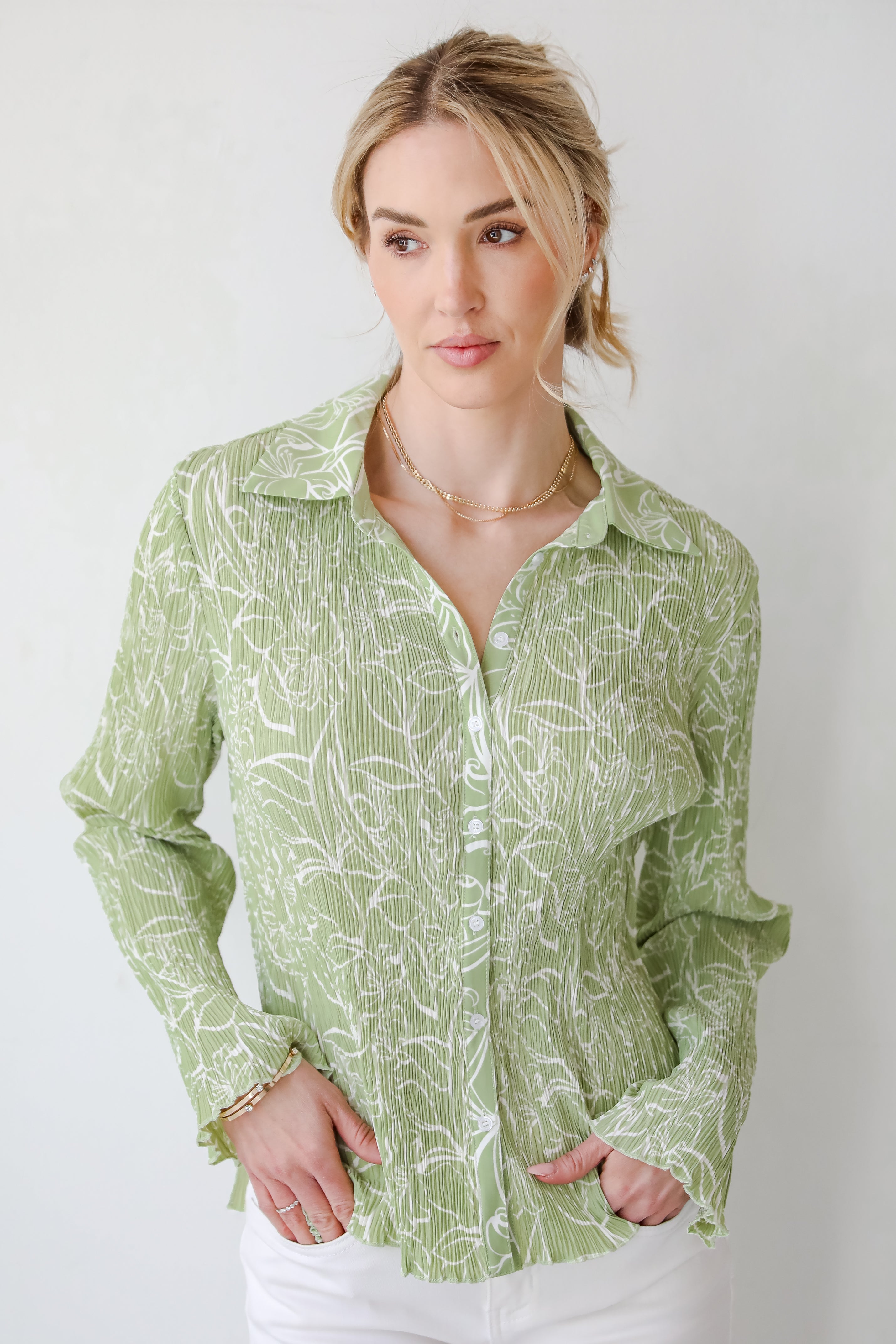 Chic Lavishness Sage Floral Plisse Button-Up Blouse