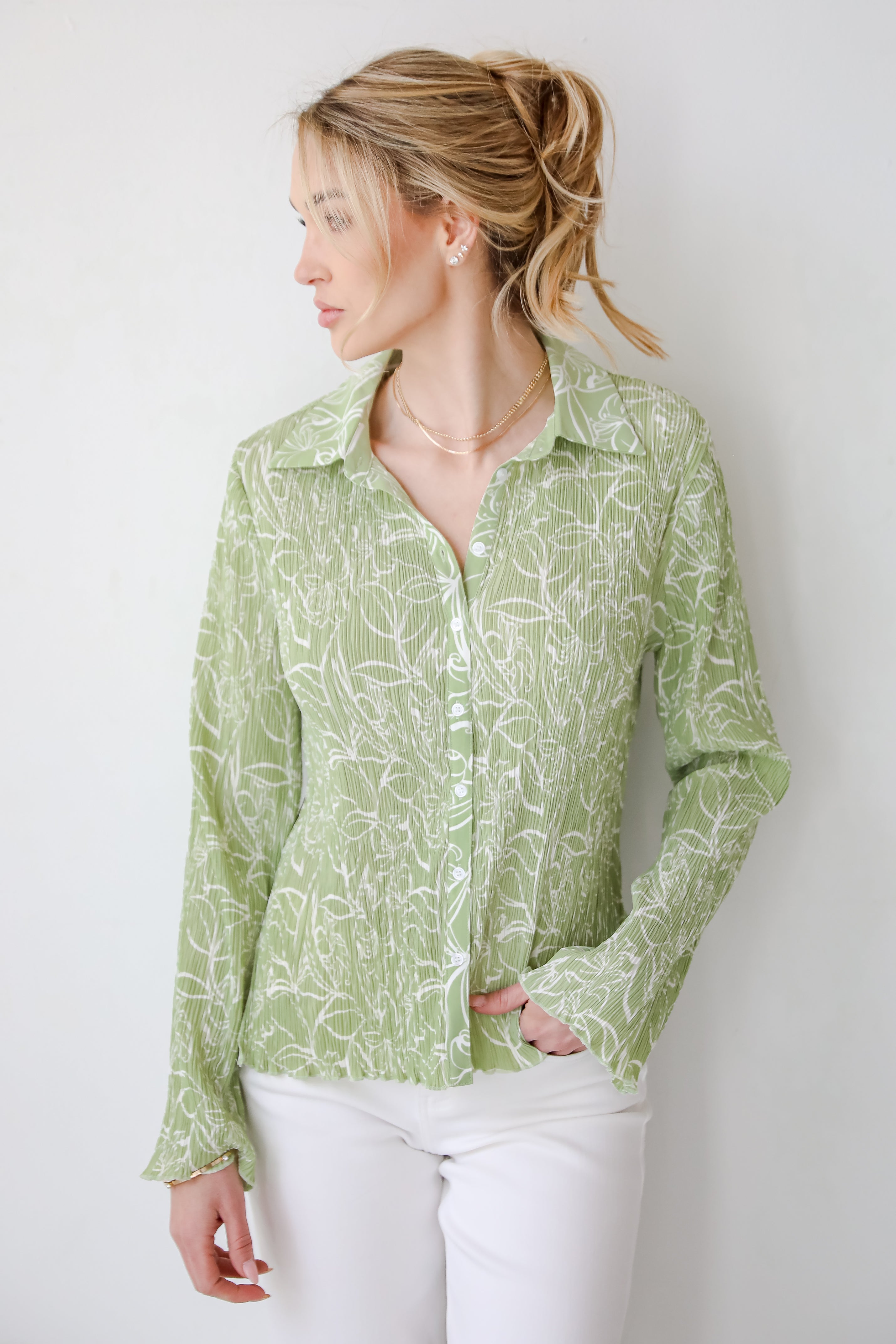 Chic Lavishness Sage Floral Plisse Button-Up Blouse