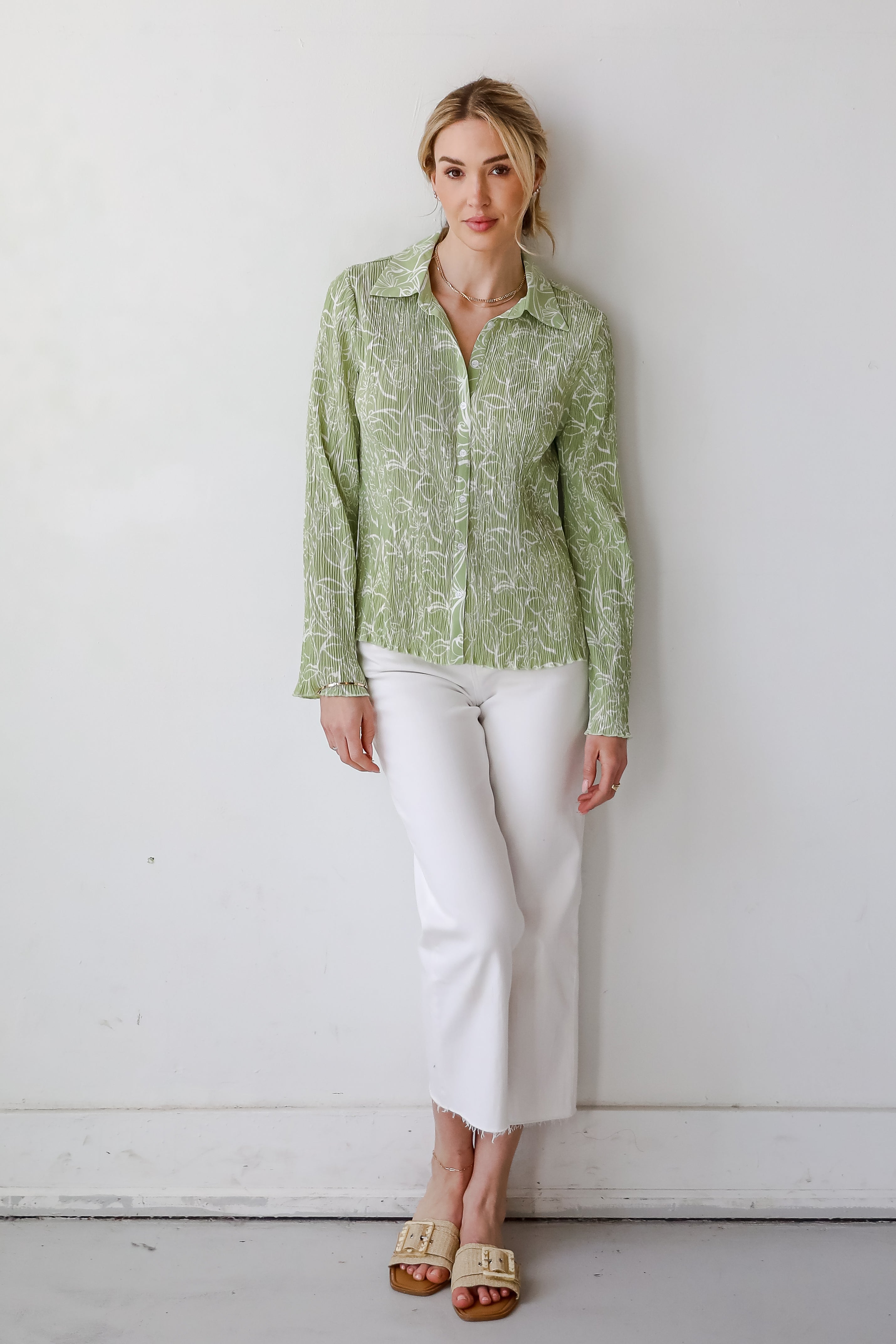 Chic Lavishness Sage Floral Plisse Button-Up Blouse