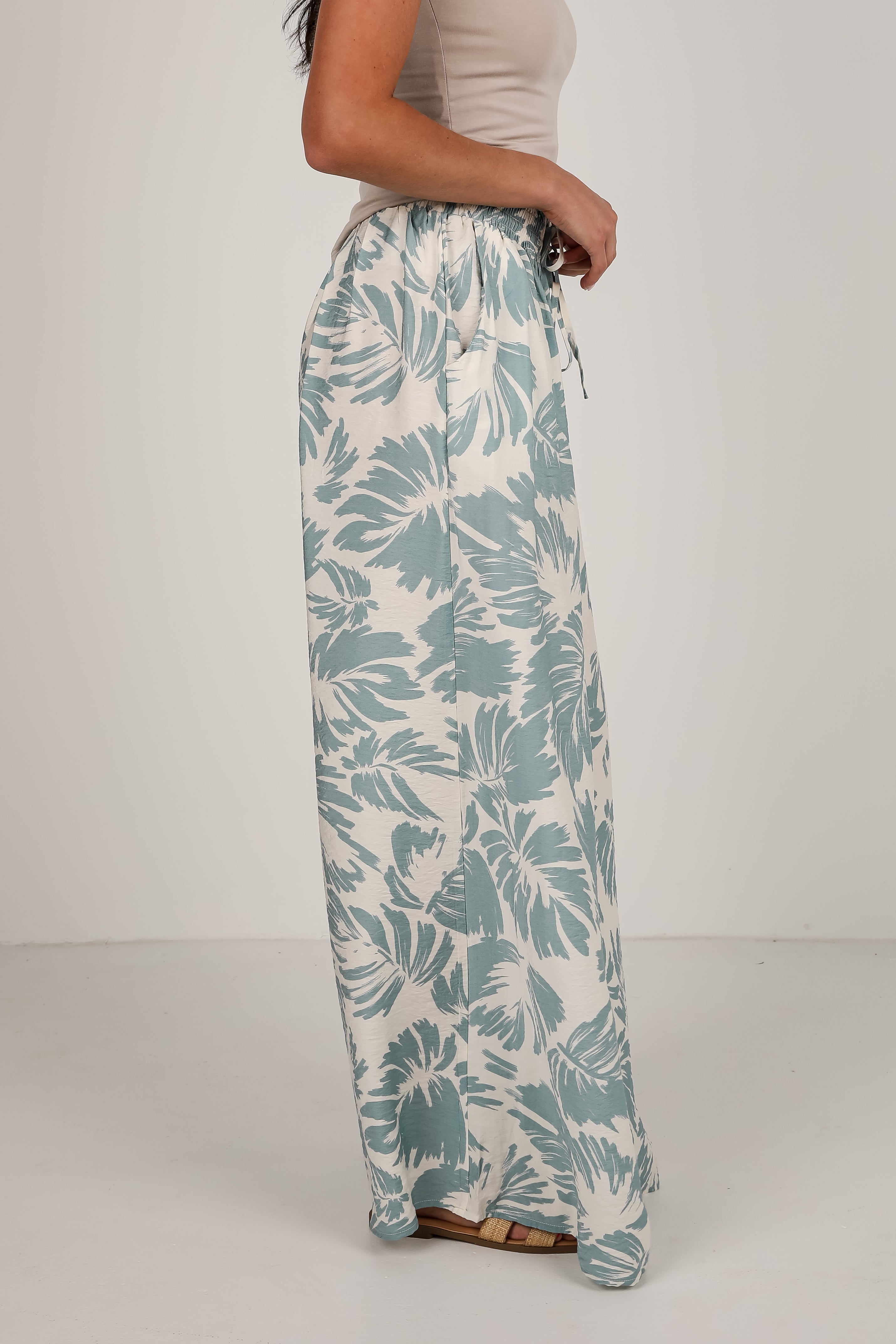 Coastal Days Sage Leaf Print Wide Leg Pants