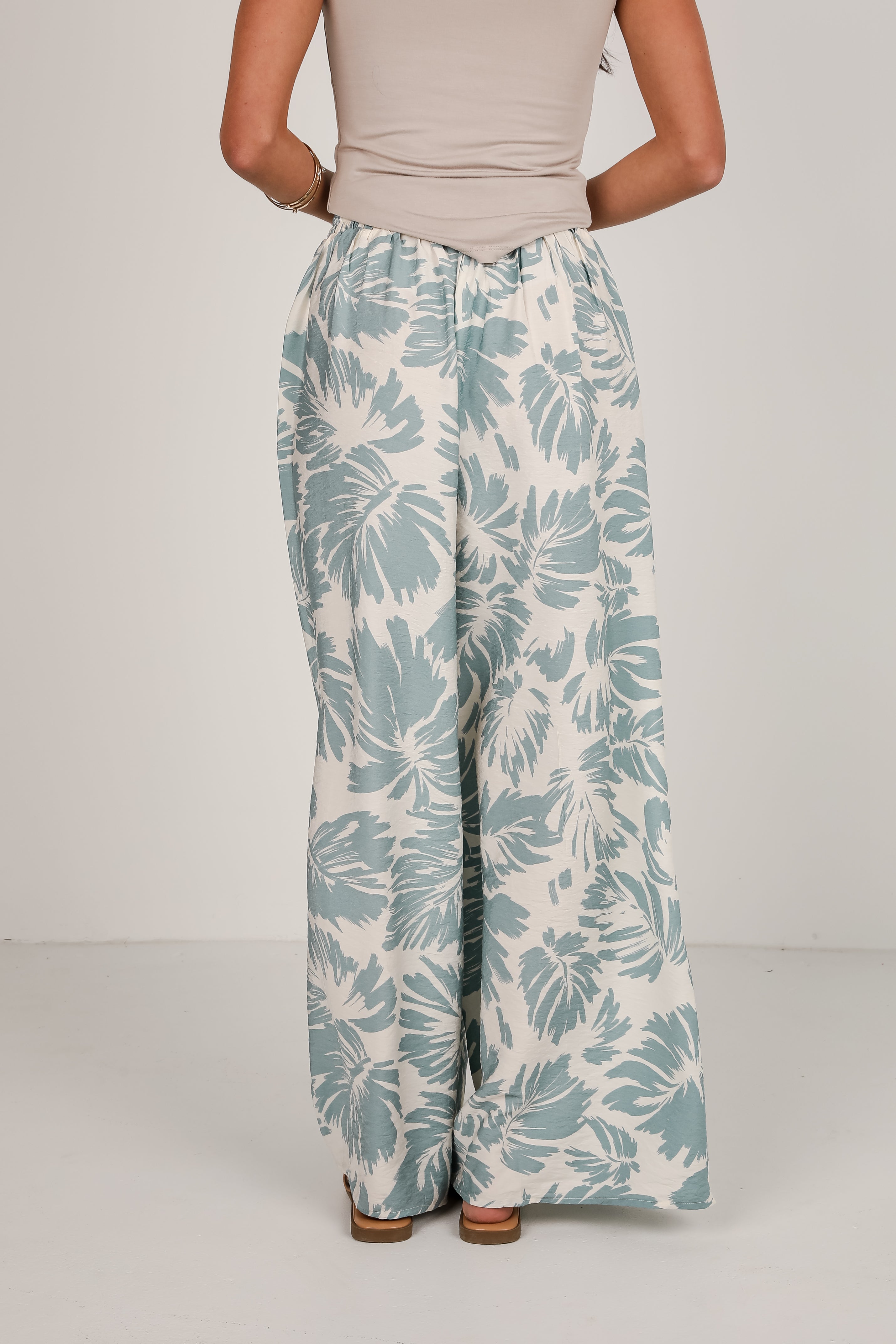 Coastal Days Sage Leaf Print Wide Leg Pants