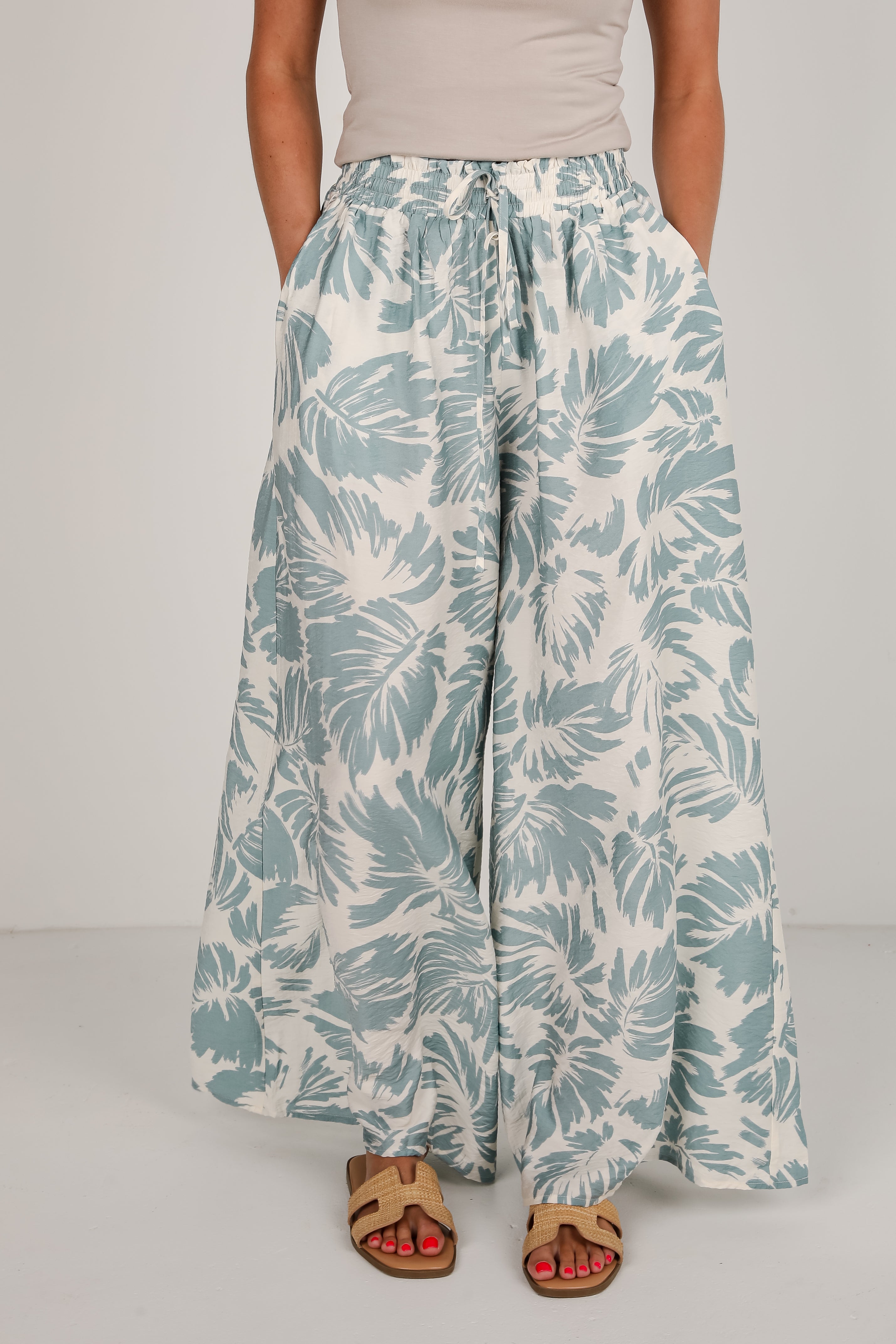 Coastal Days Sage Leaf Print Wide Leg Pants