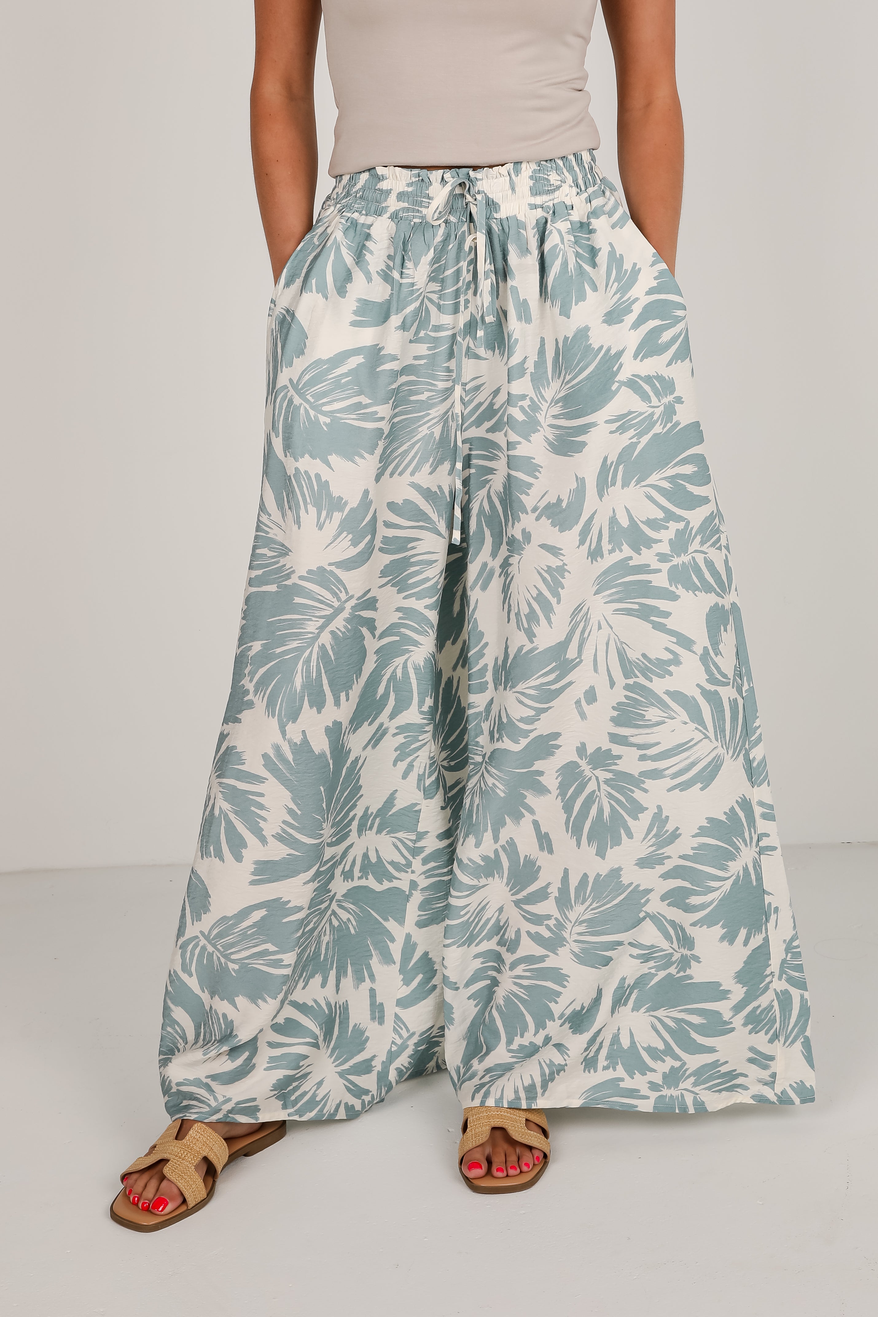 Coastal Days Sage Leaf Print Wide Leg Pants