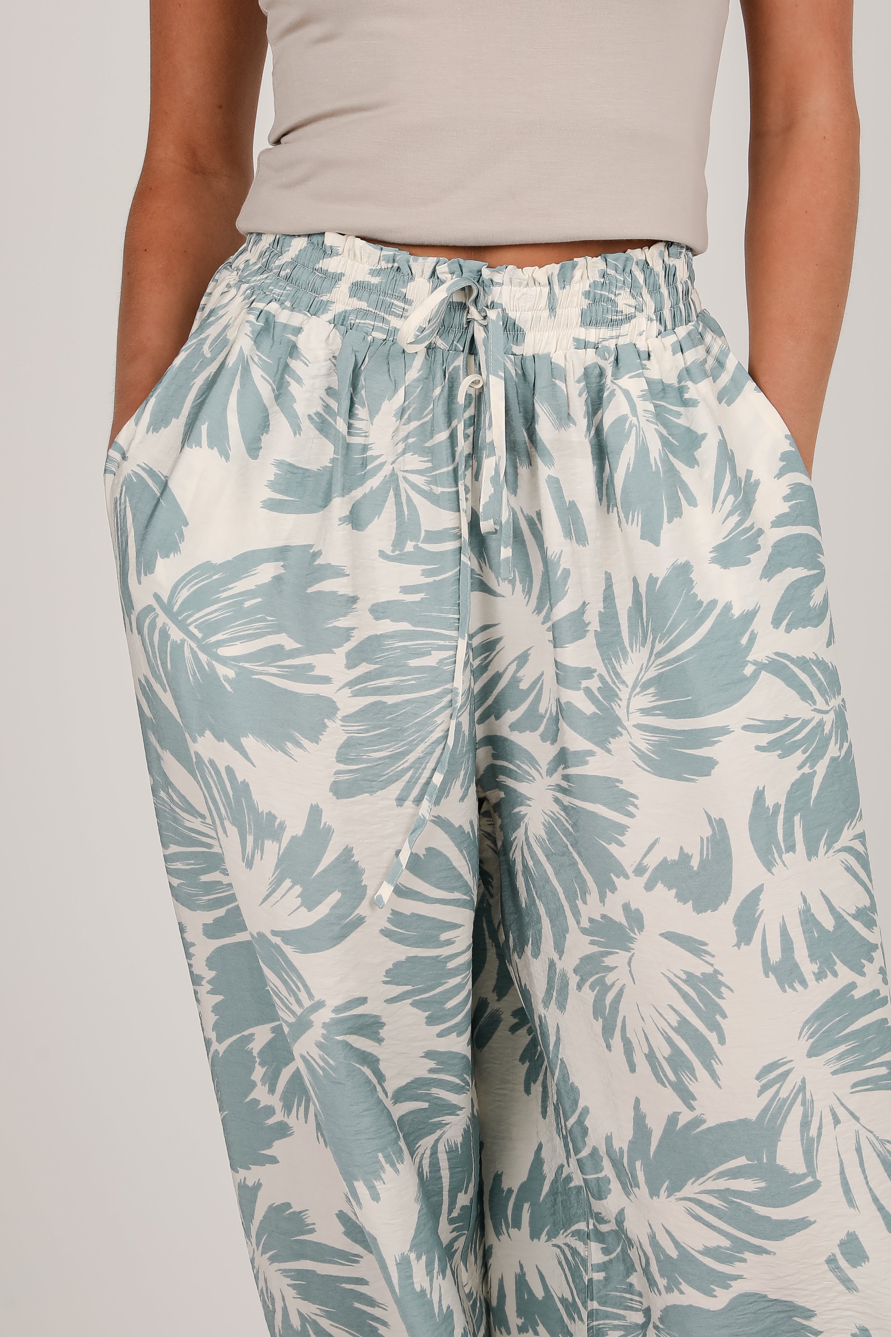 Coastal Days Sage Leaf Print Wide Leg Pants