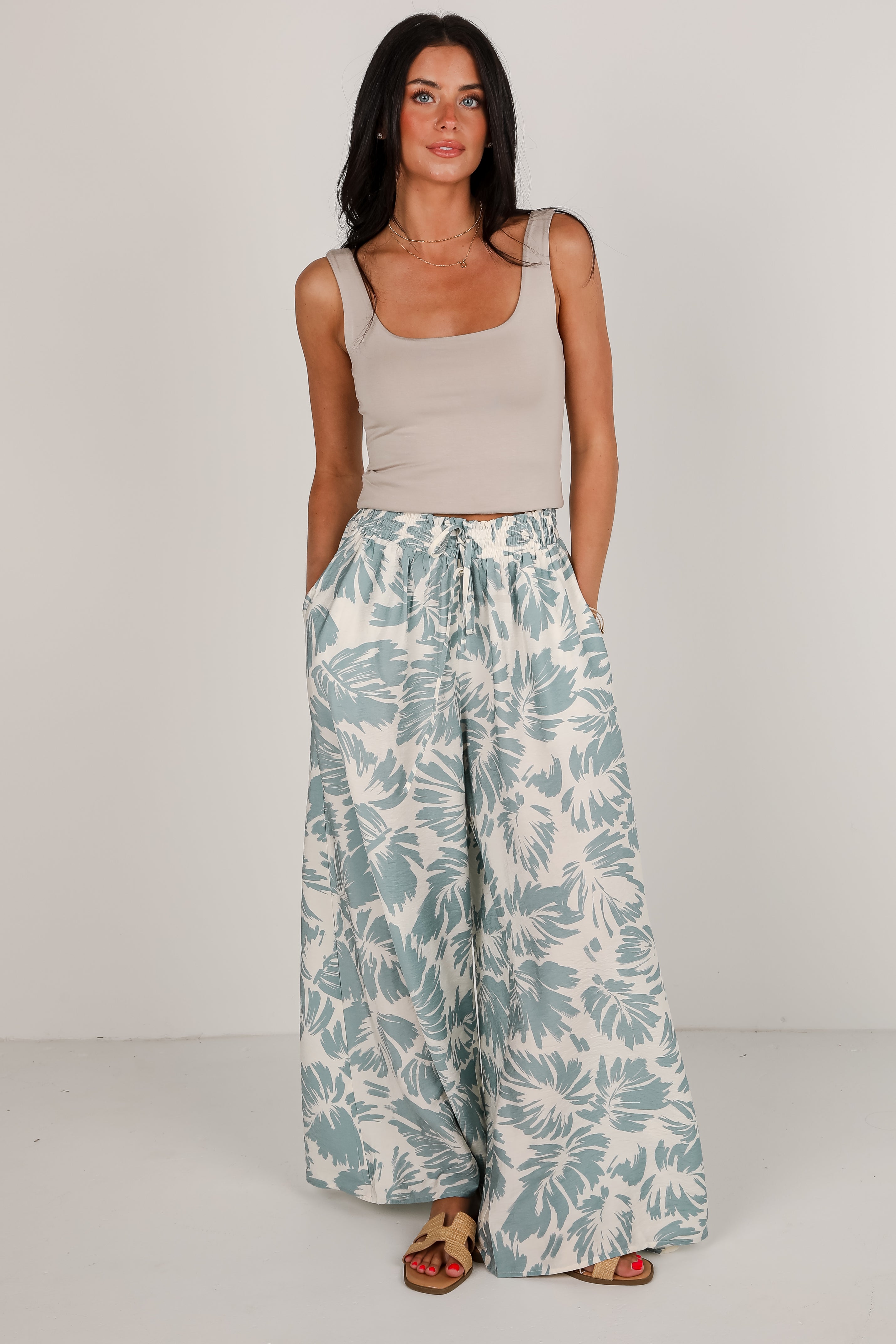 Coastal Days Sage Leaf Print Wide Leg Pants