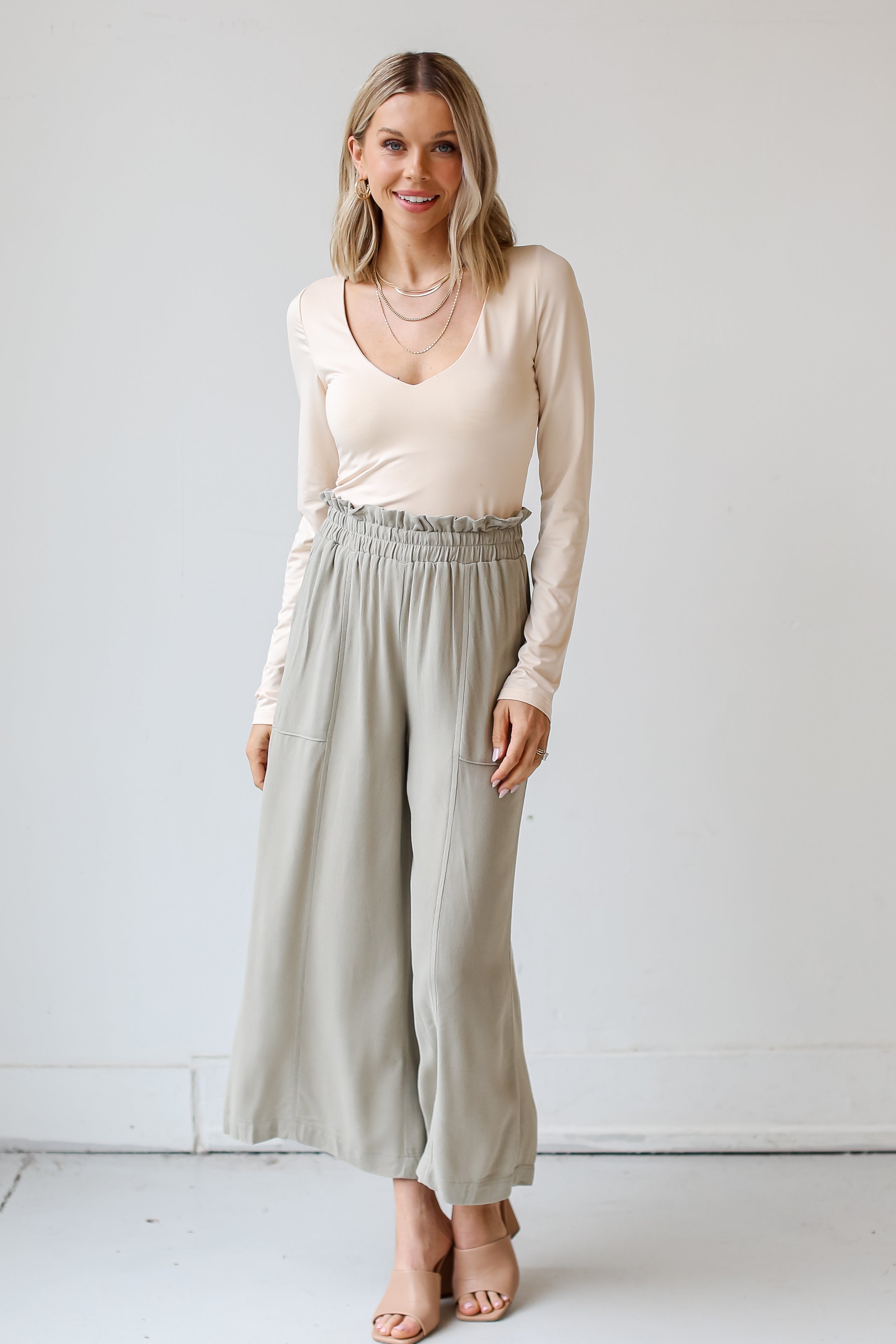 sage Paperbag Waist Pants front view