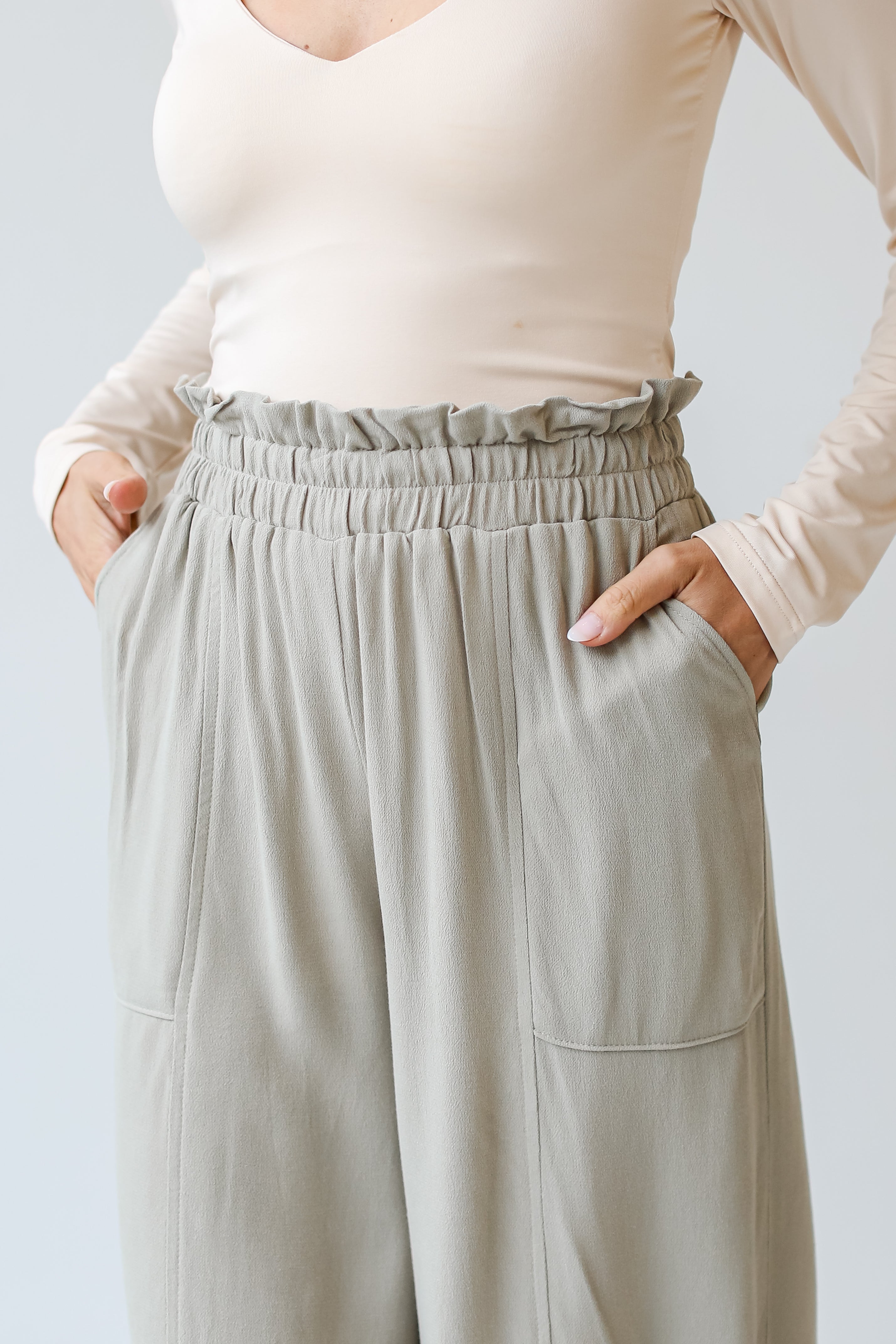 sage Paperbag Waist Pants close up view