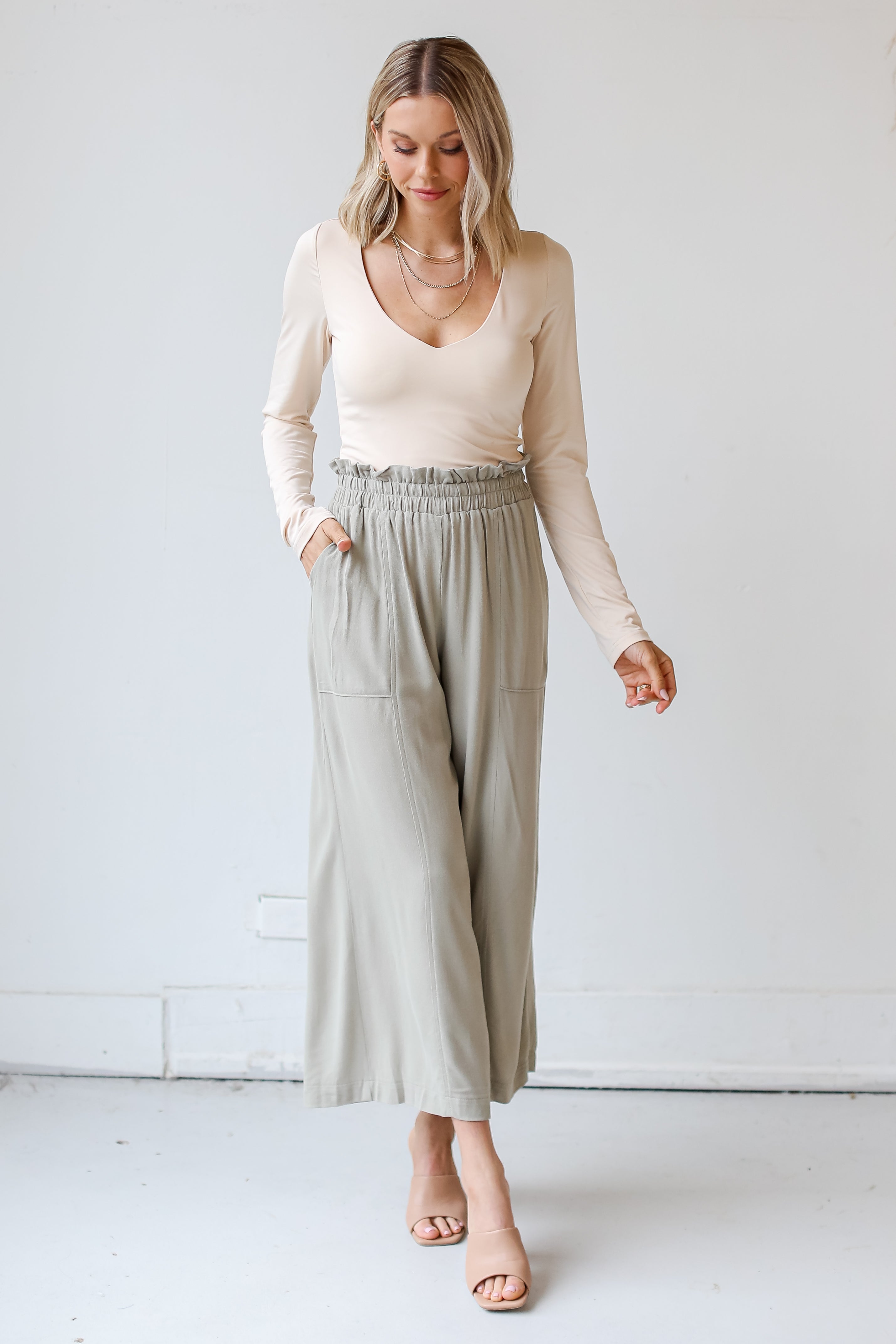 model wearing sage Paperbag Waist Pants