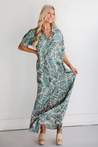 flowy Sage Leaf Print Maxi Dress