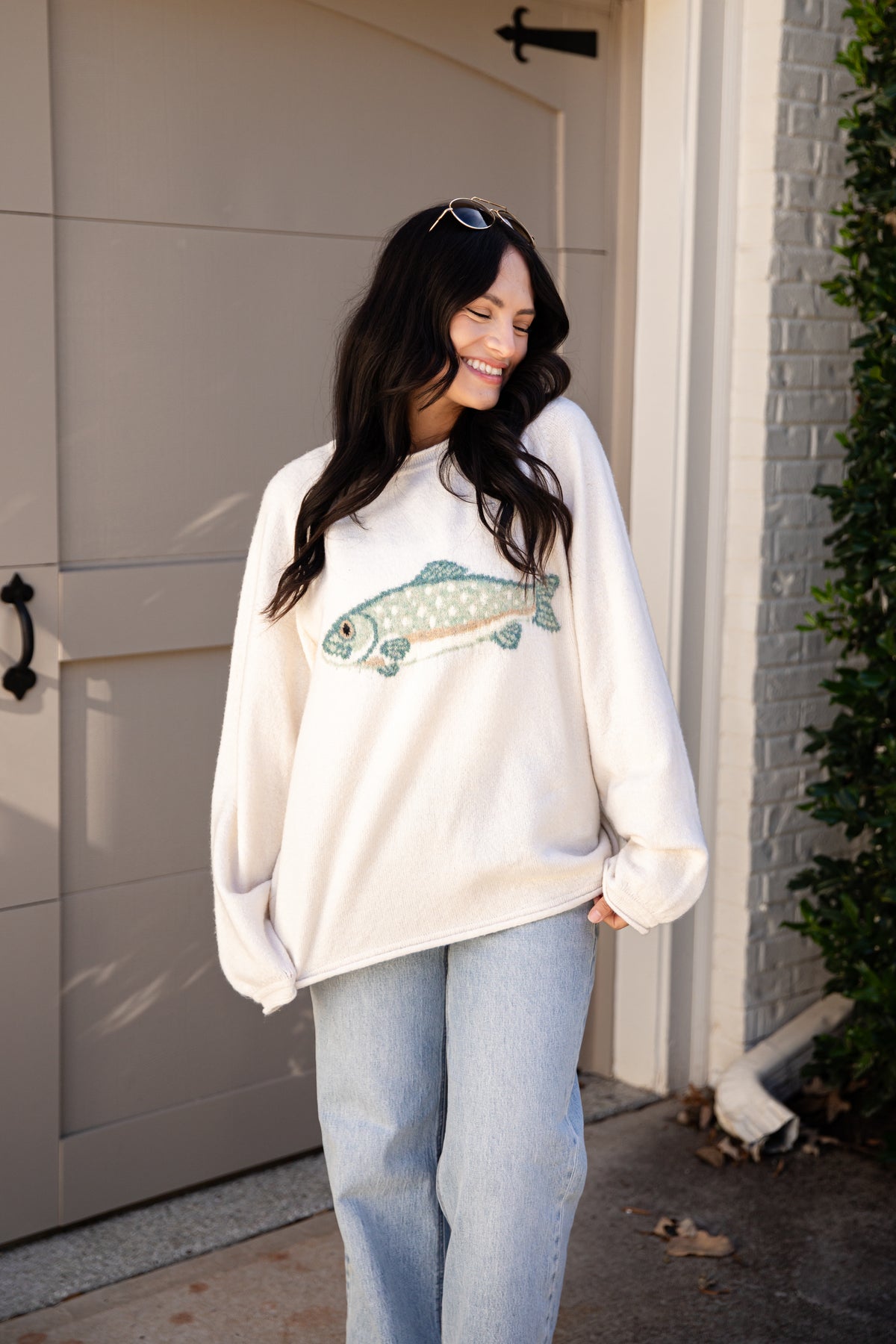 Gone Fishing Cream Graphic Sweater