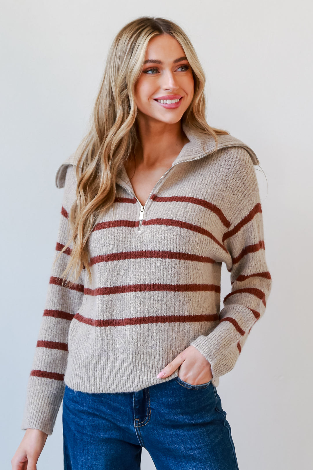 trendy Taupe Striped Collared Sweater