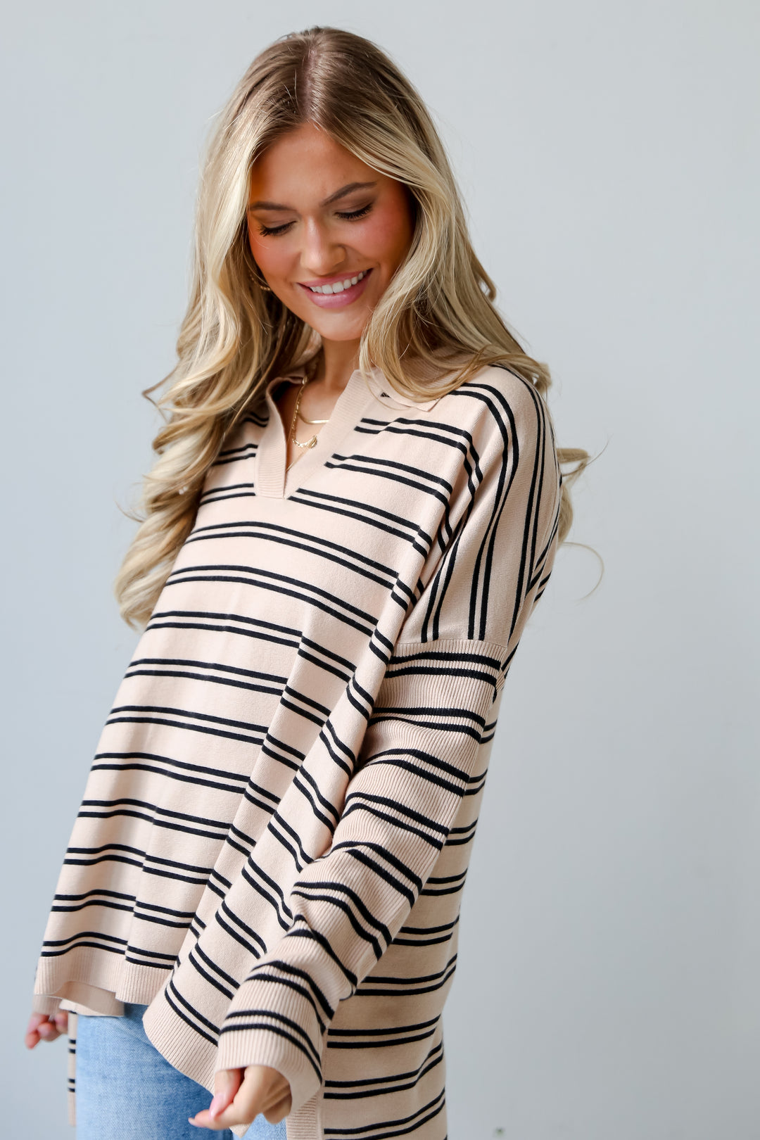 Taupe Striped Collared Knit Top front view