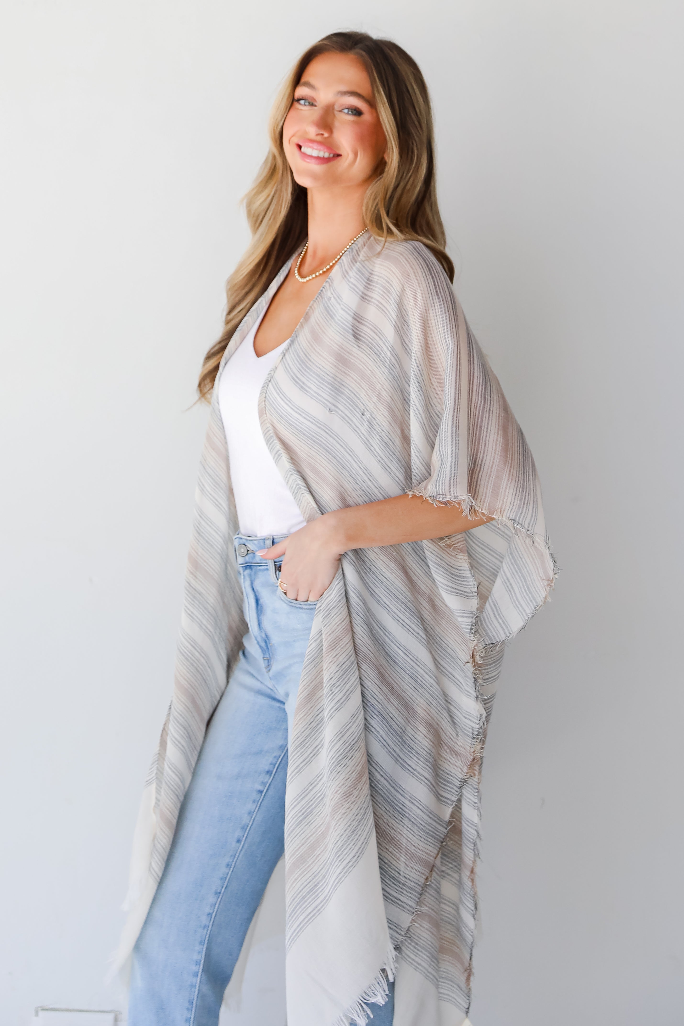 beige Striped Kimono side view
