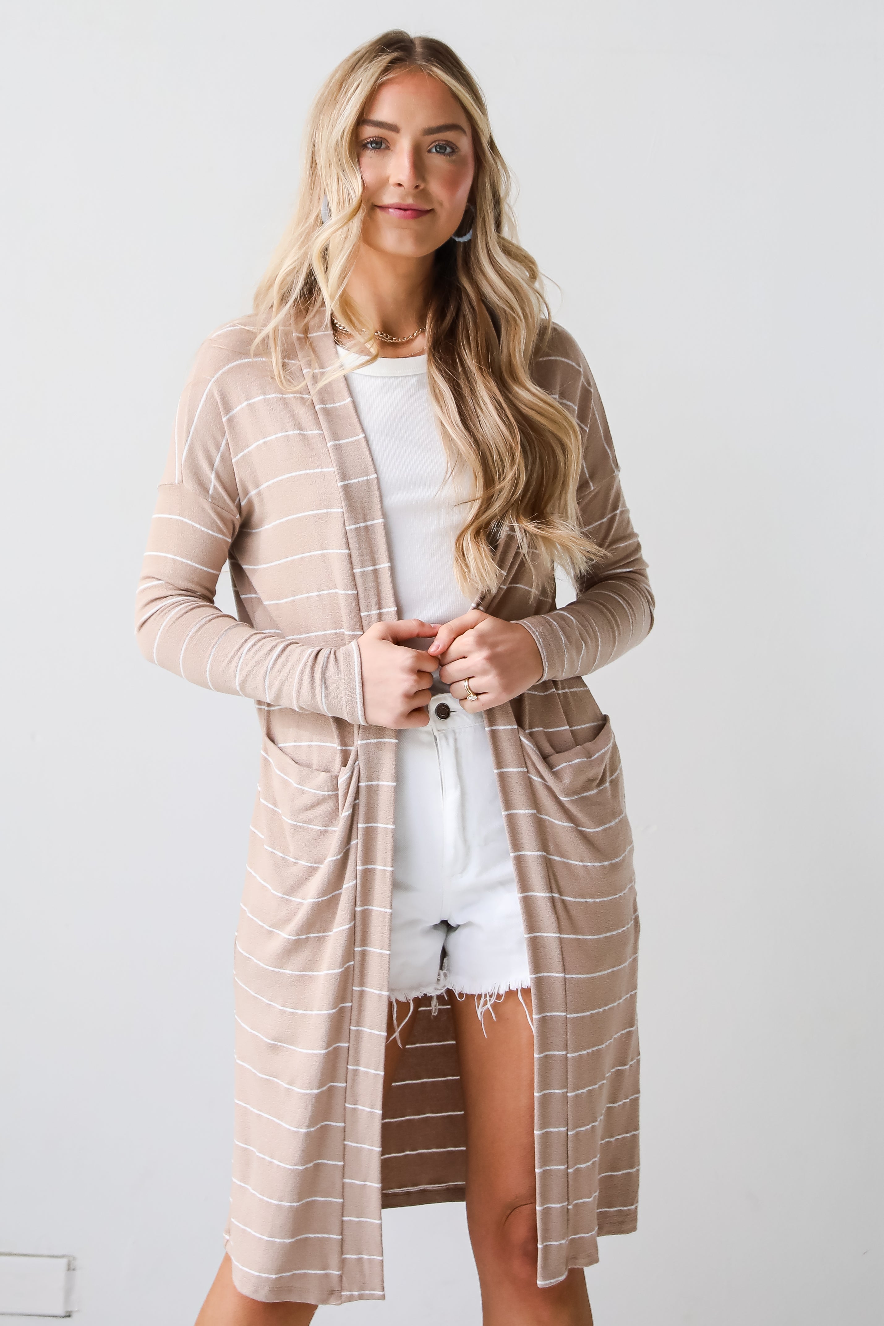taupe Striped Longline Lightweight Knit Cardigan for women
