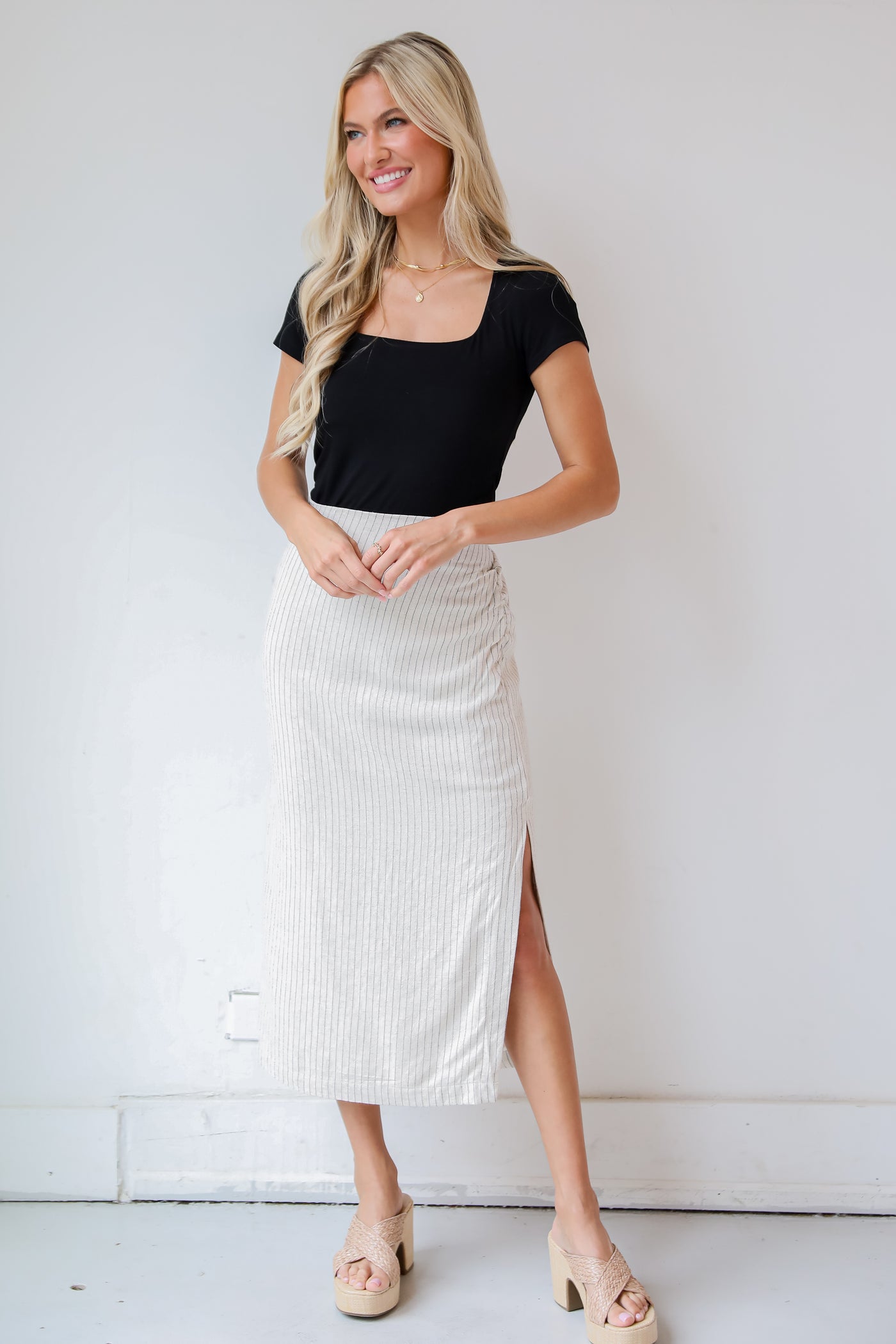Linen Striped Midi Skirt for women