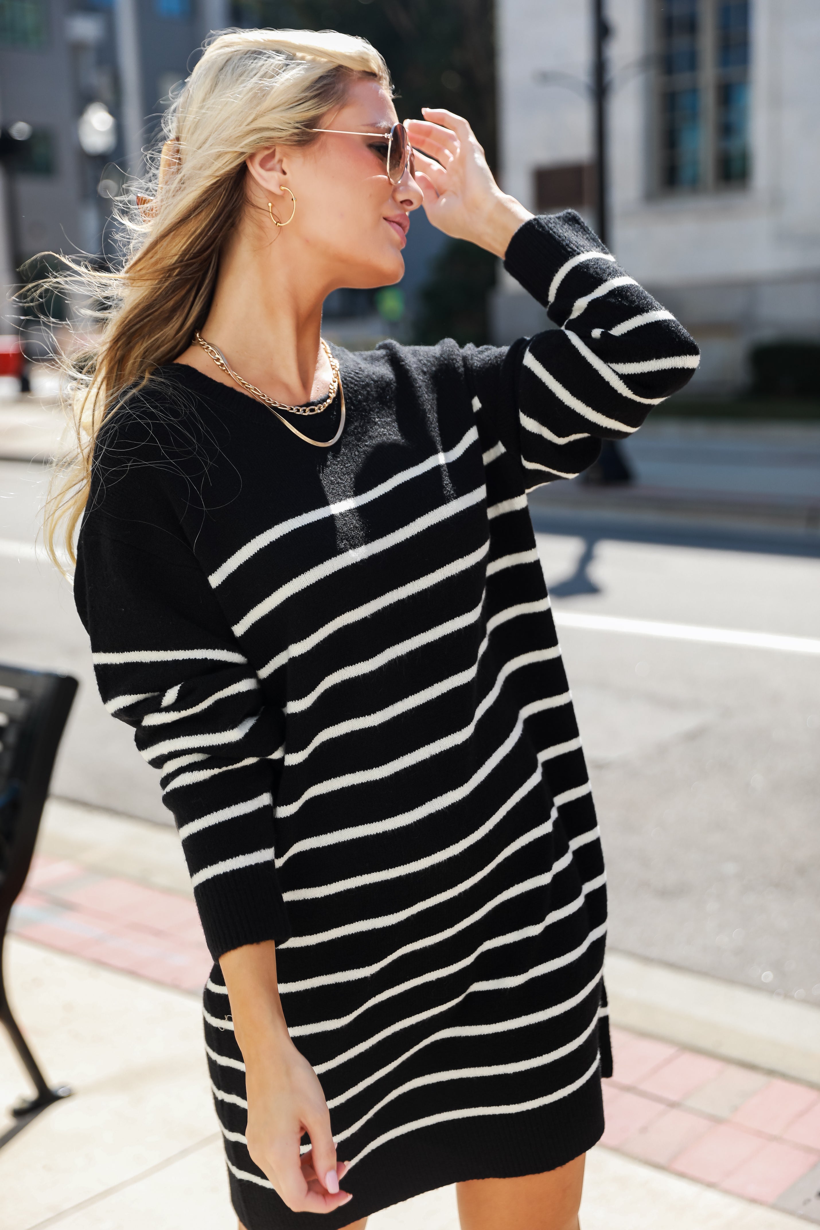 black + white Striped Sweater Mini Dress on model
