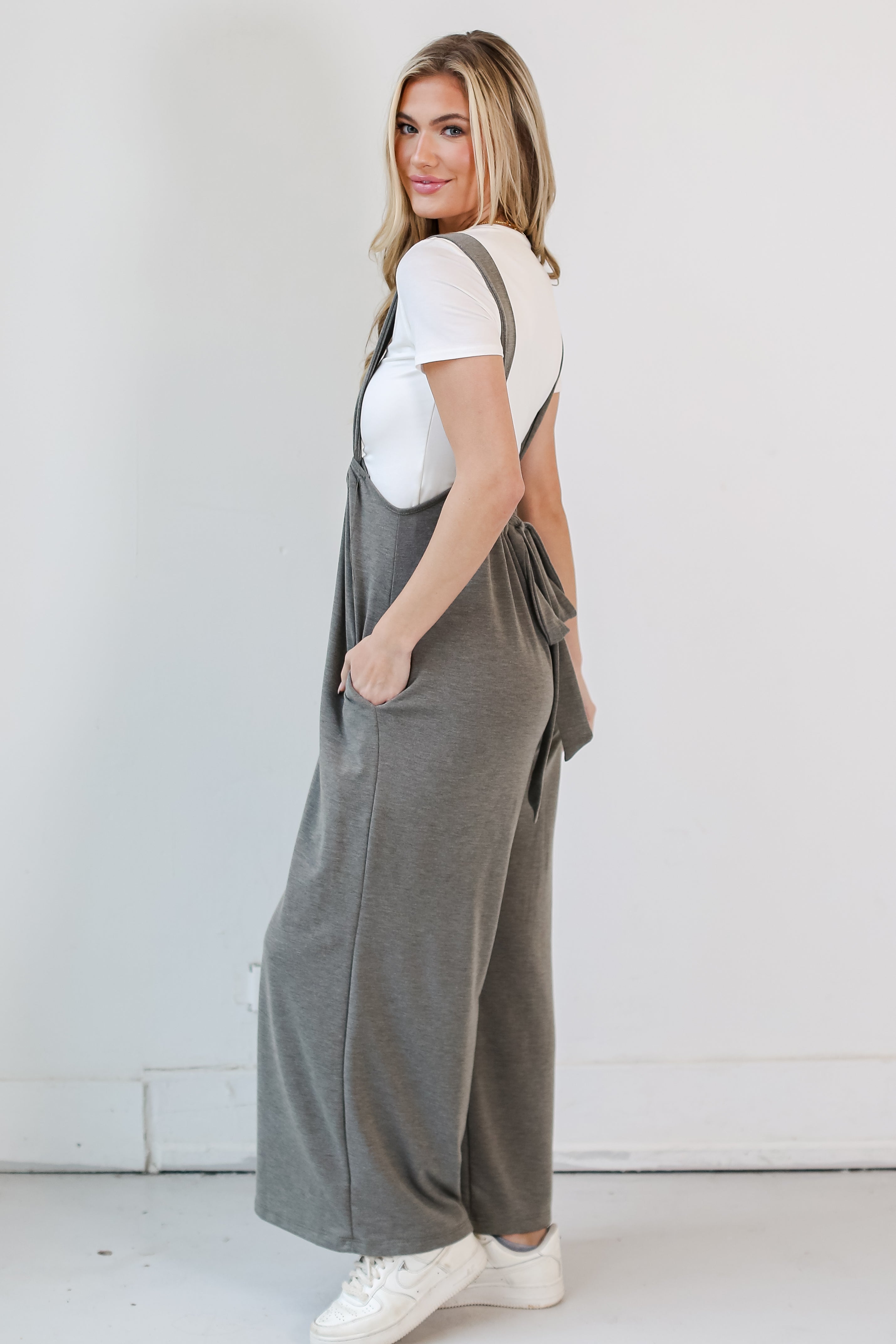 olive green Suspender Jumpsuit side view