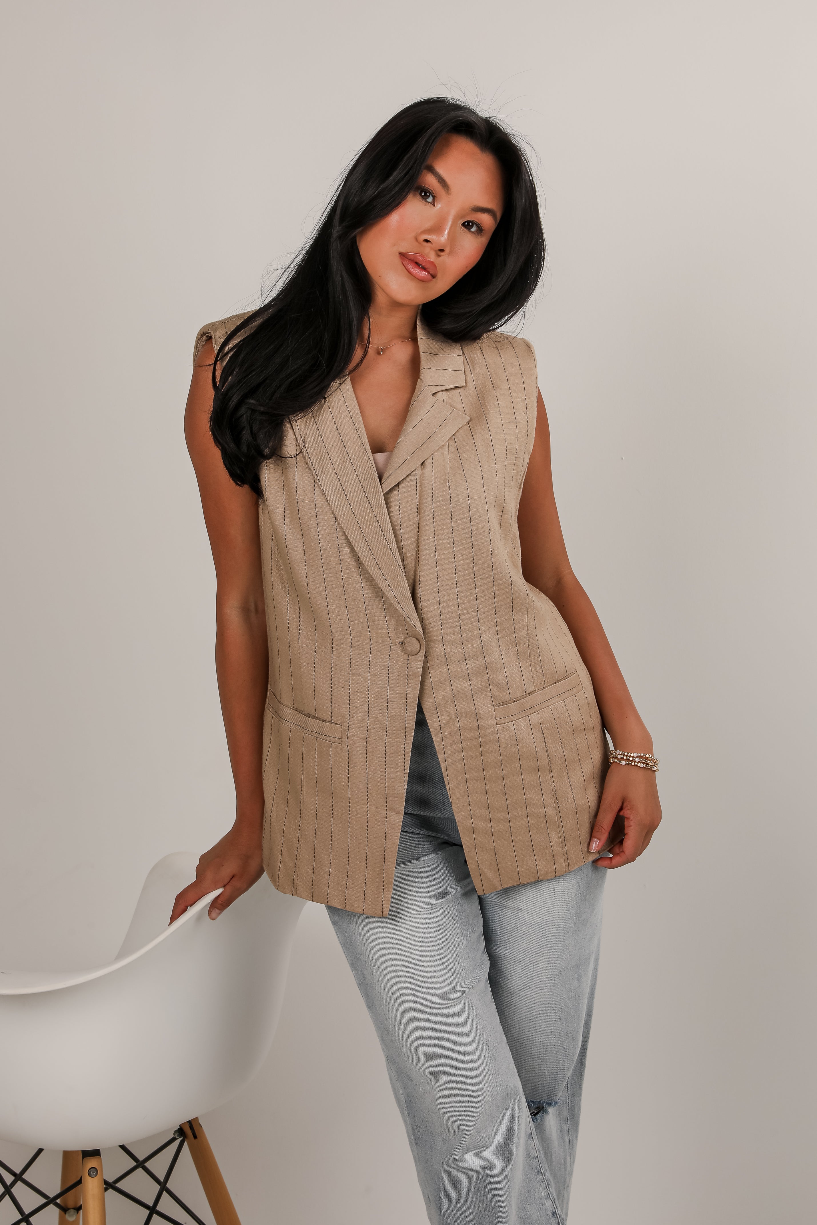 Convincing Charisma Tan Pinstriped Blazer Vest