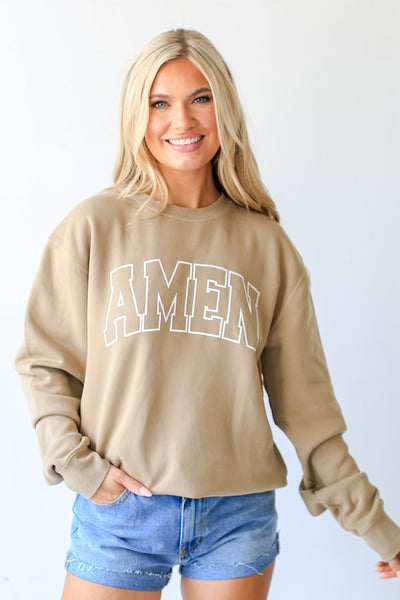 Tan Amen Sweatshirt. Christian Graphic Sweatshirts. Comfy Sweatshirt