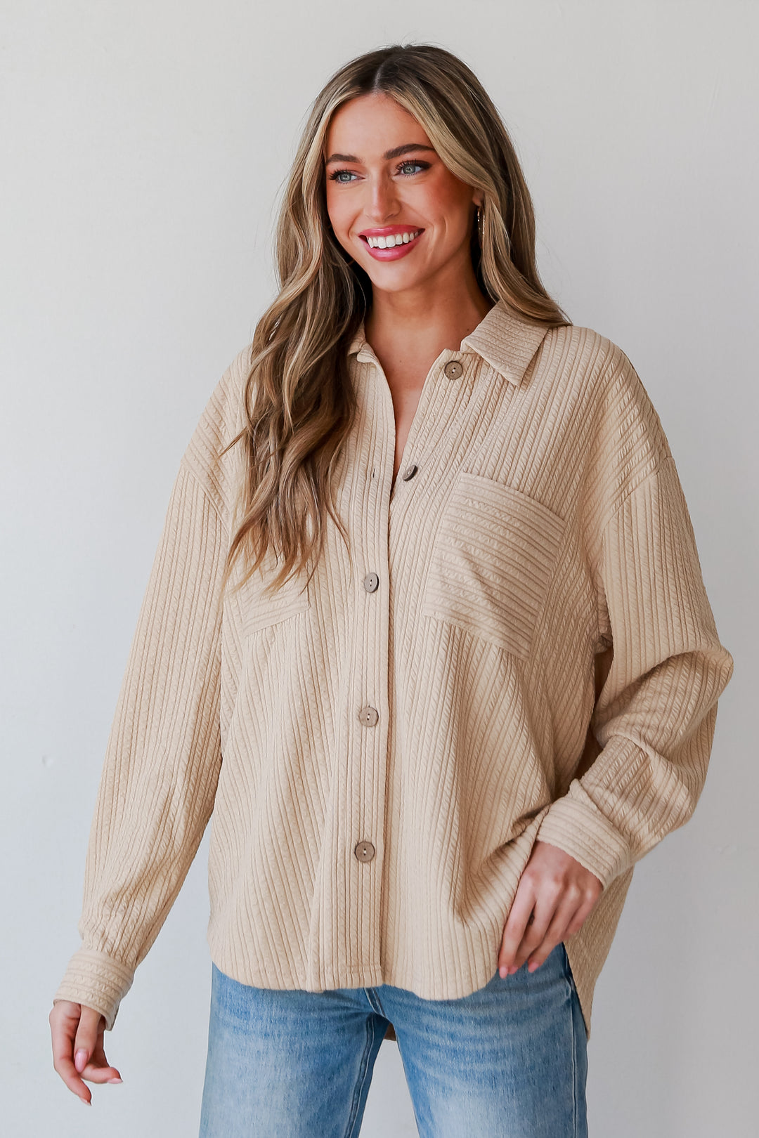 womens Taupe Ribbed Knit Button-Up Top
