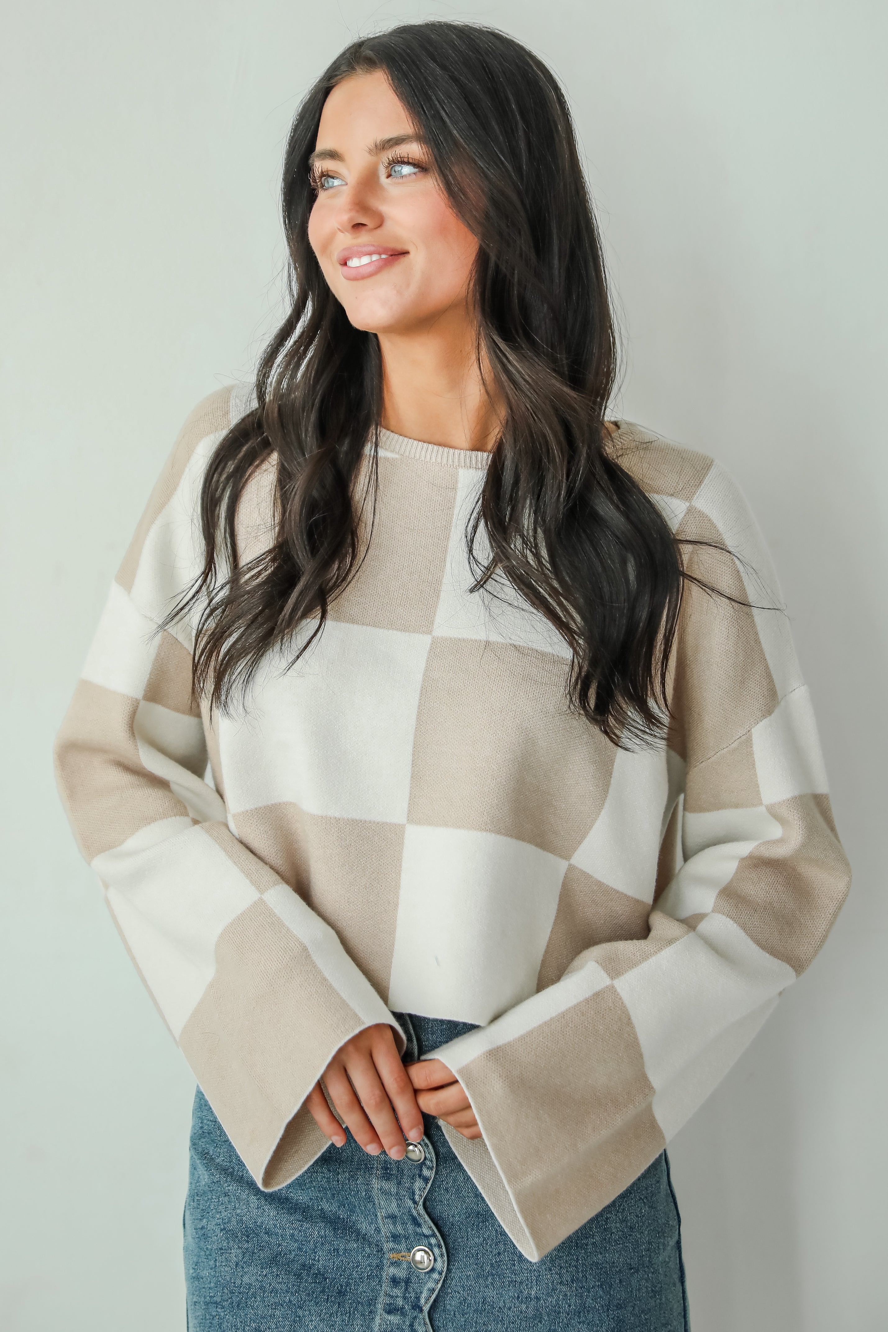 Perfect Classic Taupe Checkered Cropped Sweater