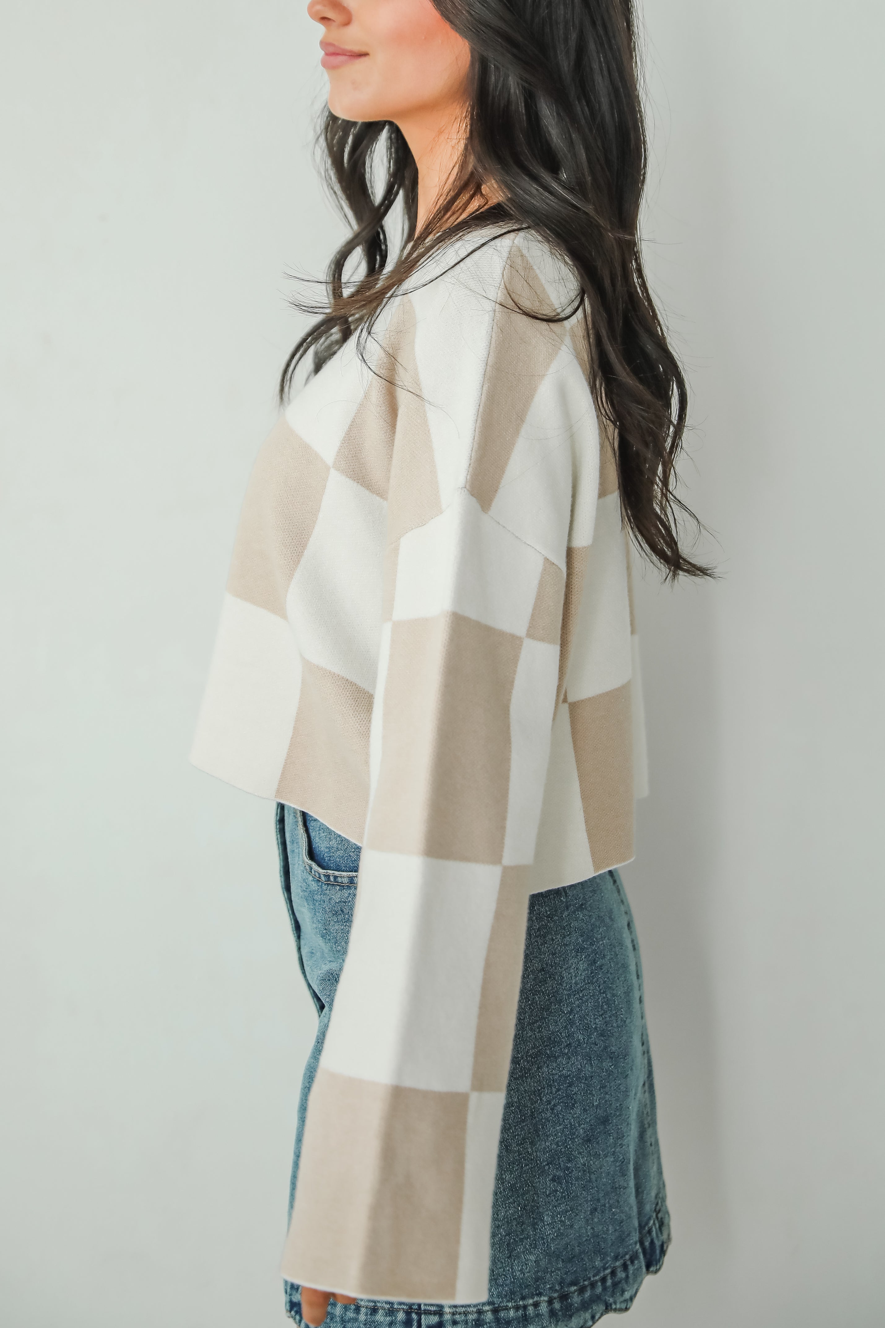 Perfect Classic Taupe Checkered Cropped Sweater