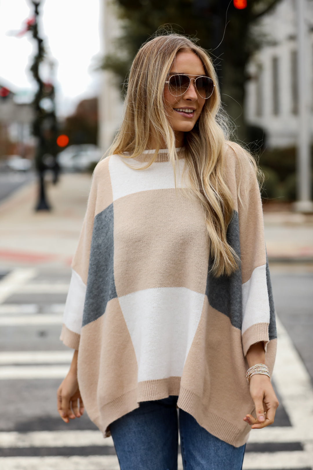 Ivory Color Block Oversized Sweater
