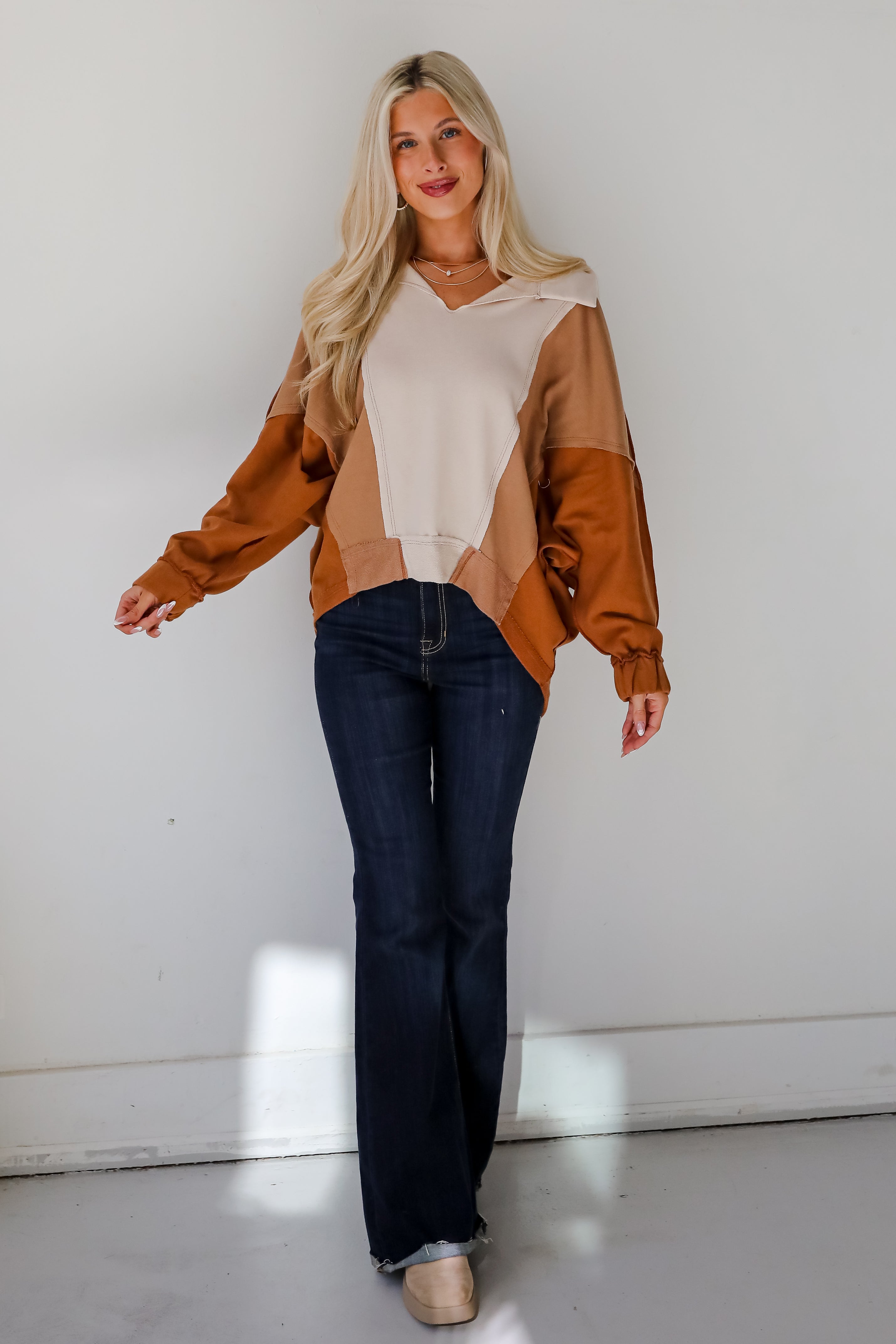 Casual Favorite Color Block Collared Top