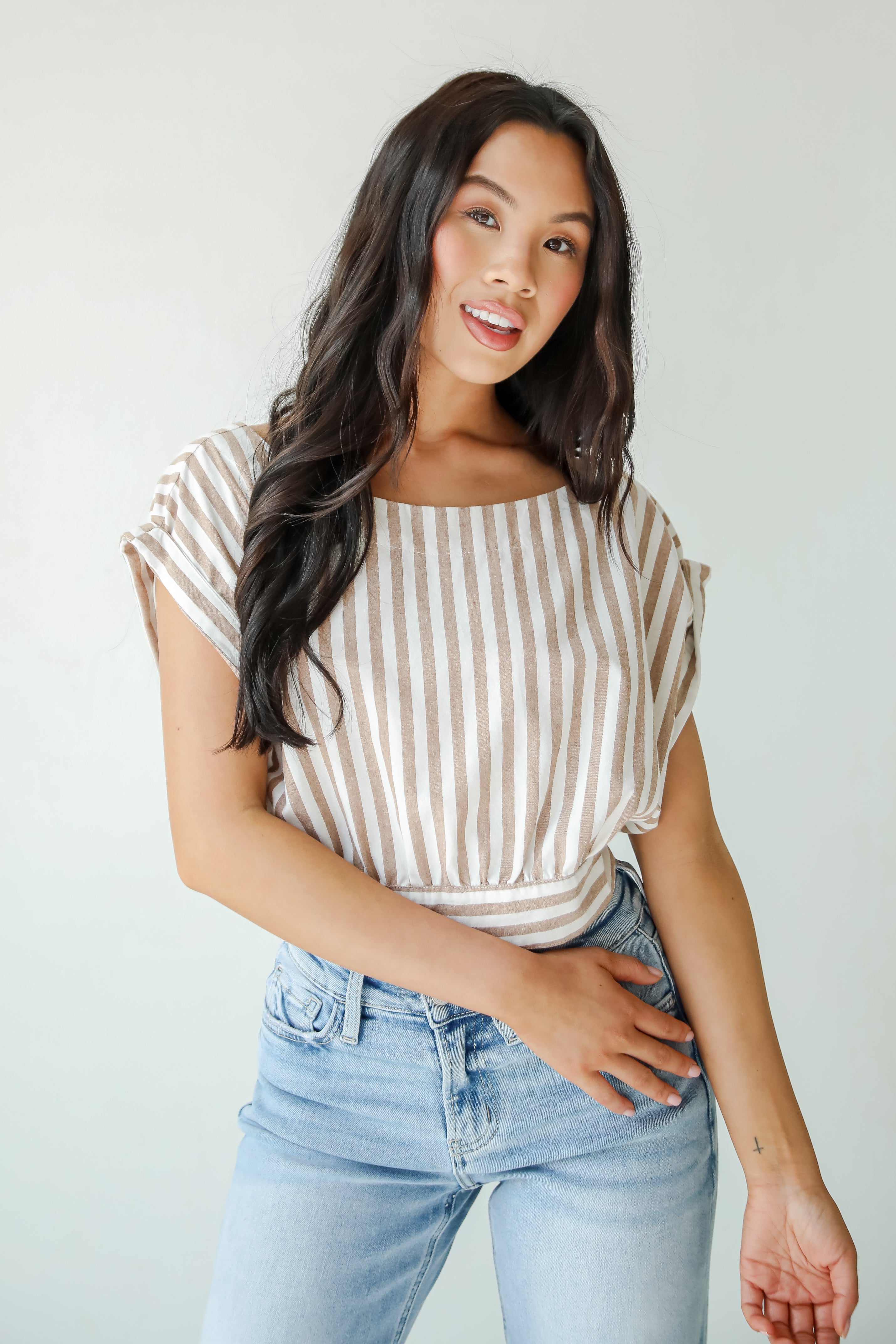 Trendy Match Taupe Striped Crop Top