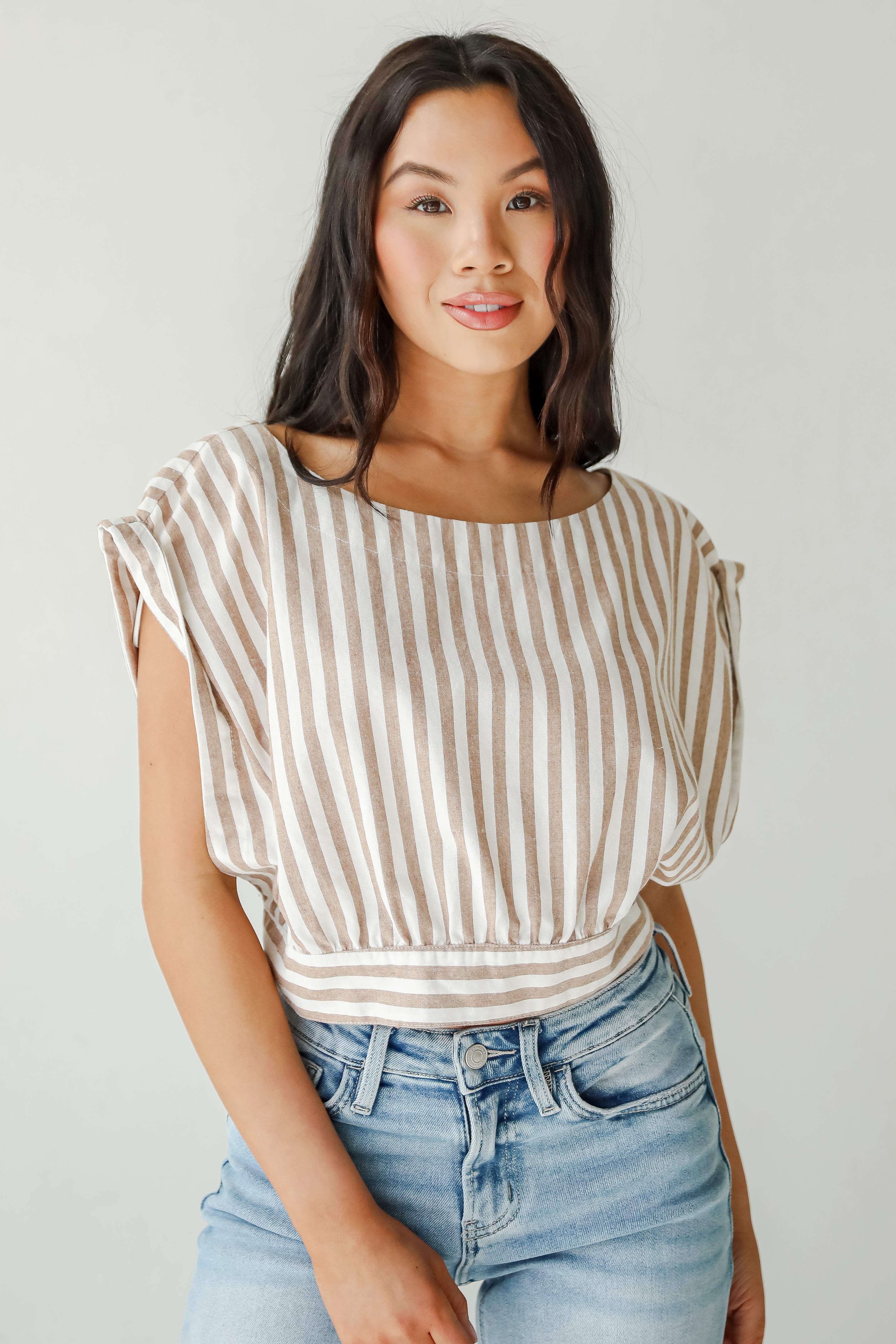 Trendy Match Taupe Striped Crop Top