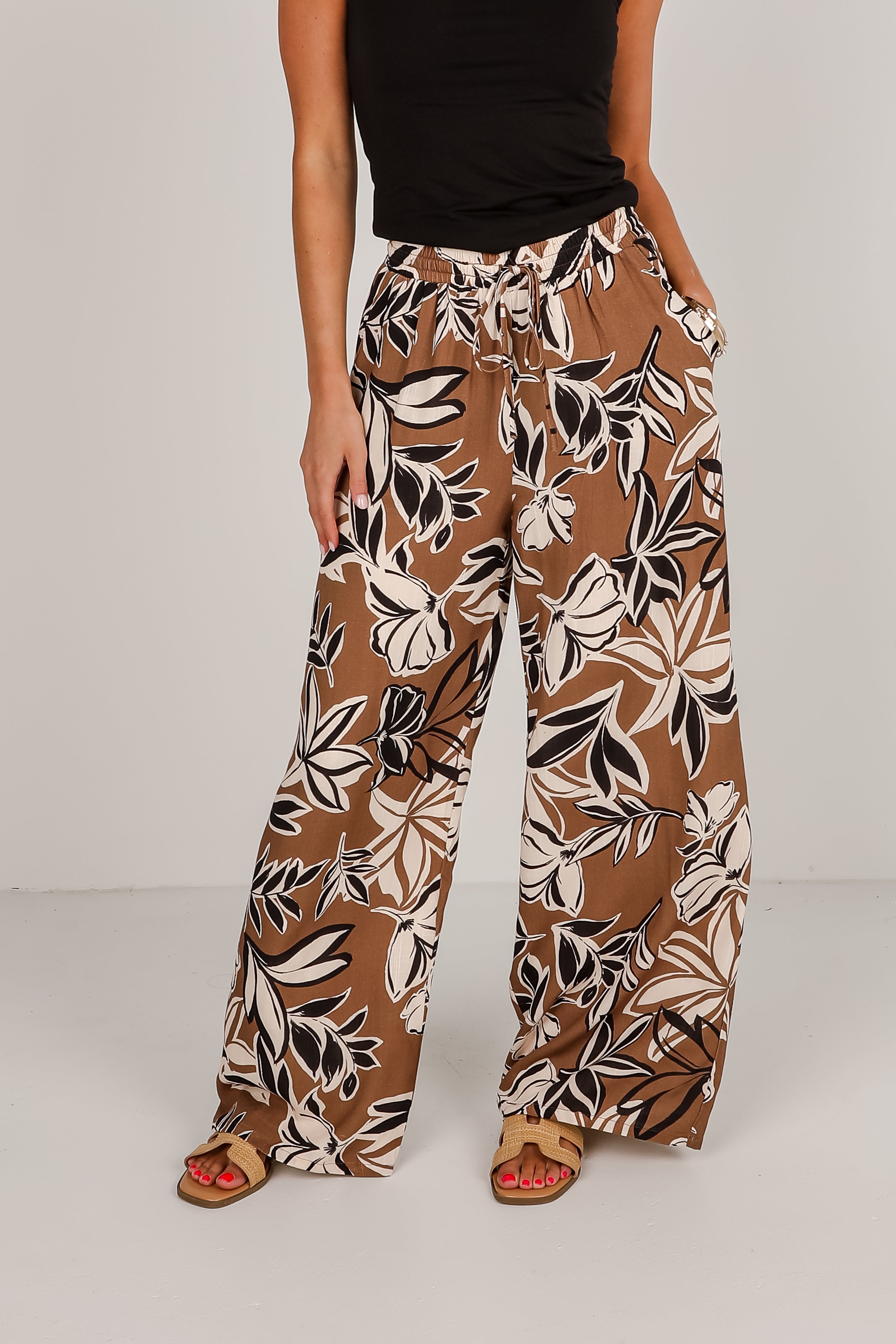 Spend Some Time Taupe Floral Wide Leg Pants