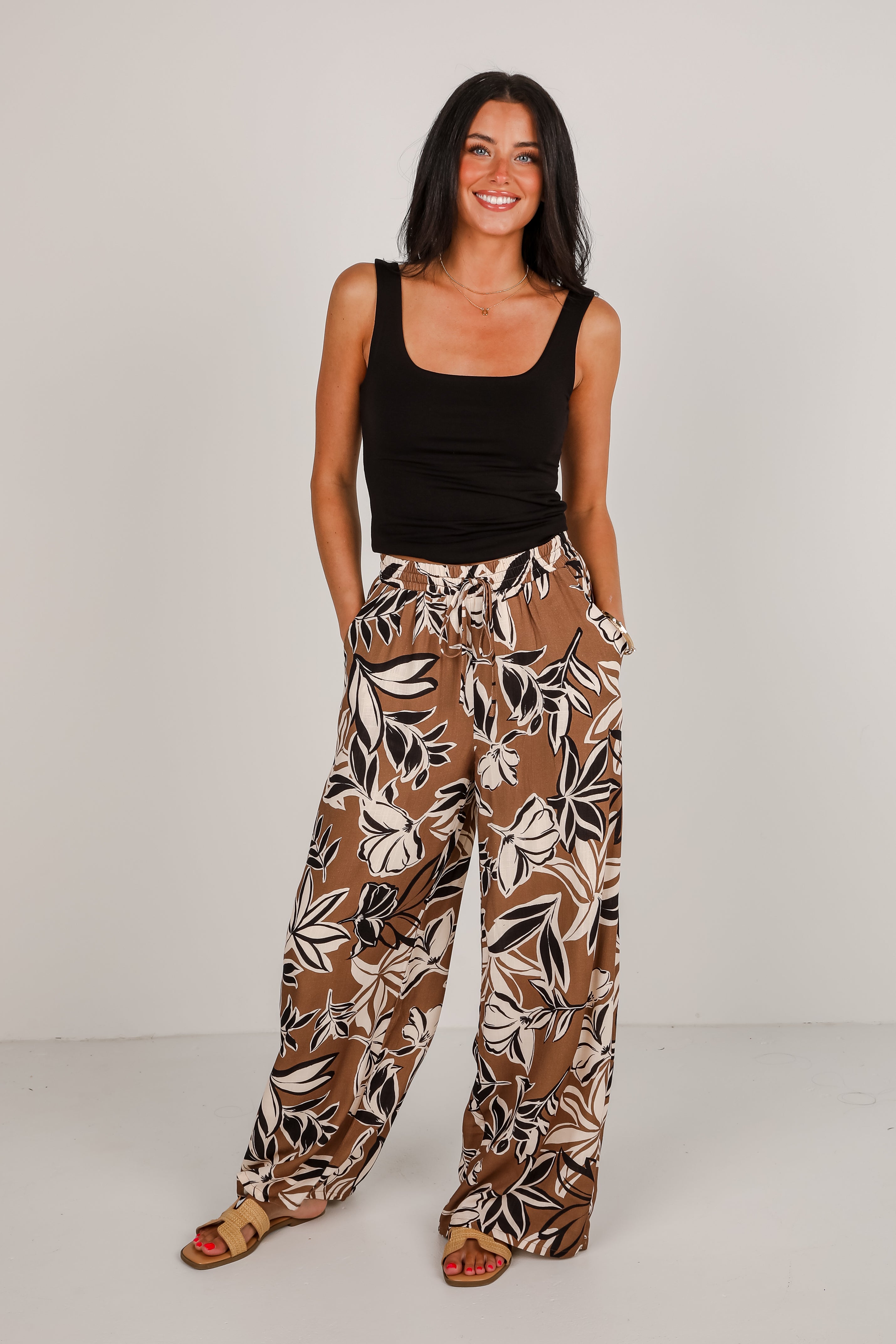 Spend Some Time Taupe Floral Wide Leg Pants