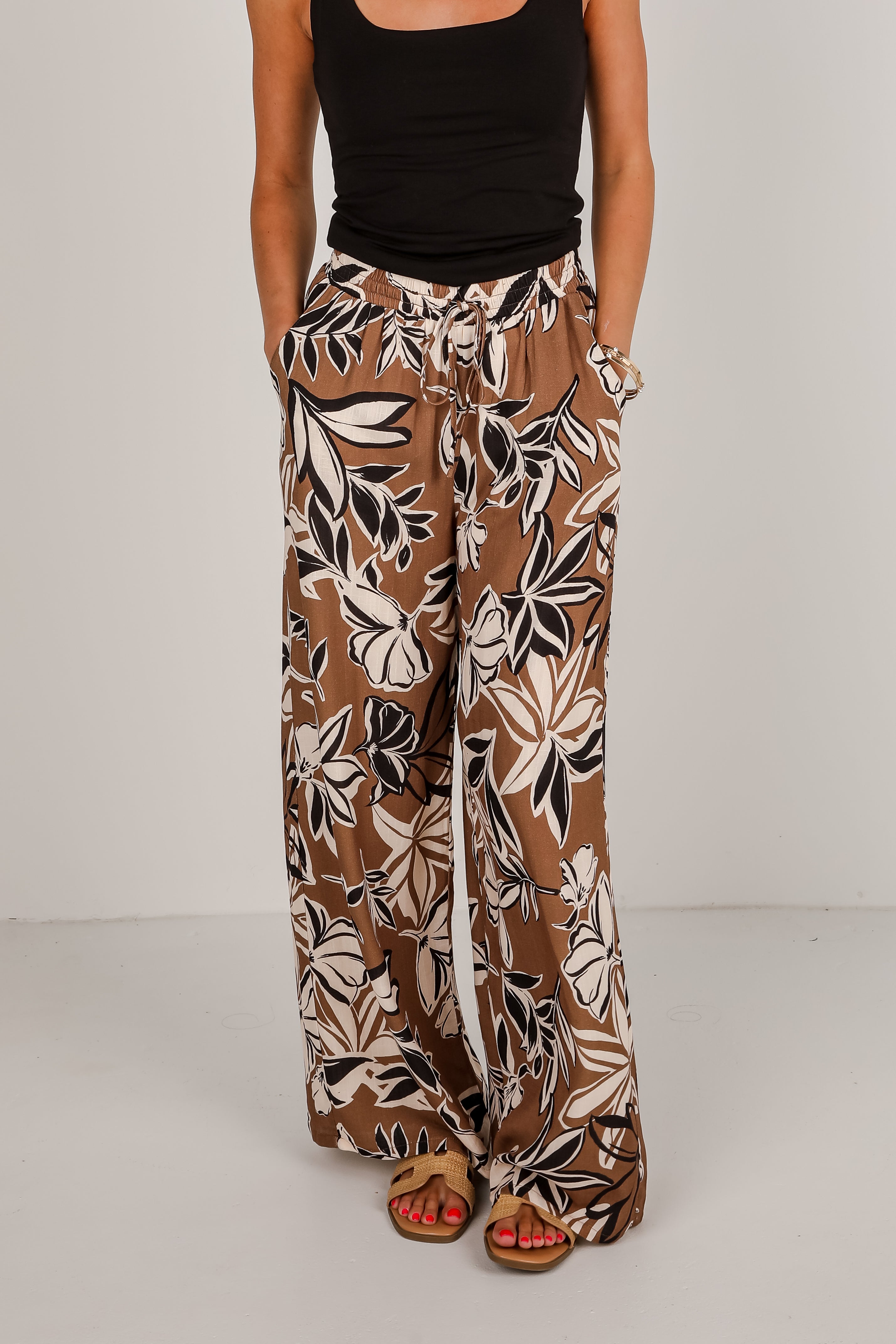 Spend Some Time Taupe Floral Wide Leg Pants